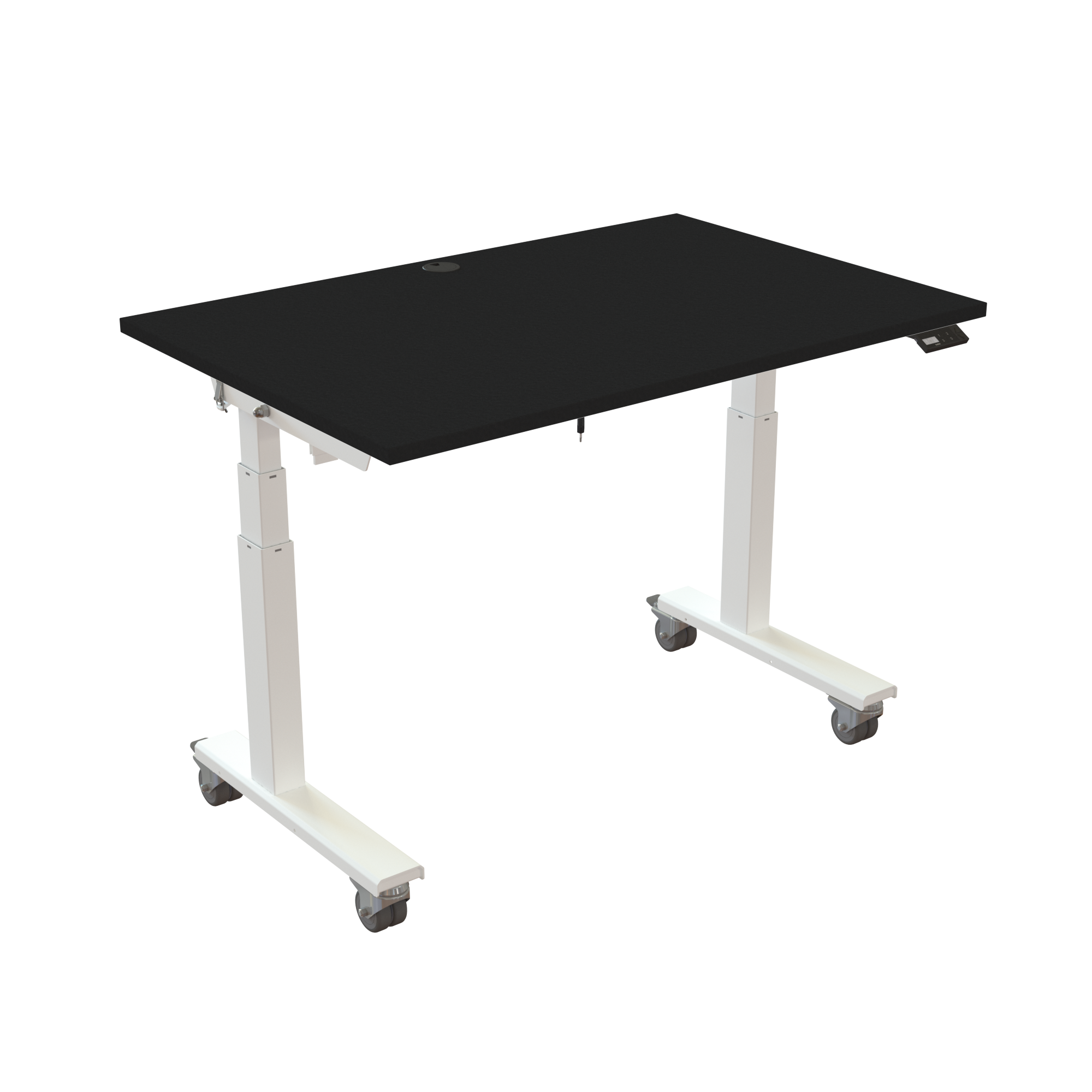 Ergonomic frame desk (120x80 cm) with a black melamine tabletop, cable tray, memory controller and wheels on a white 476-35 desk frame