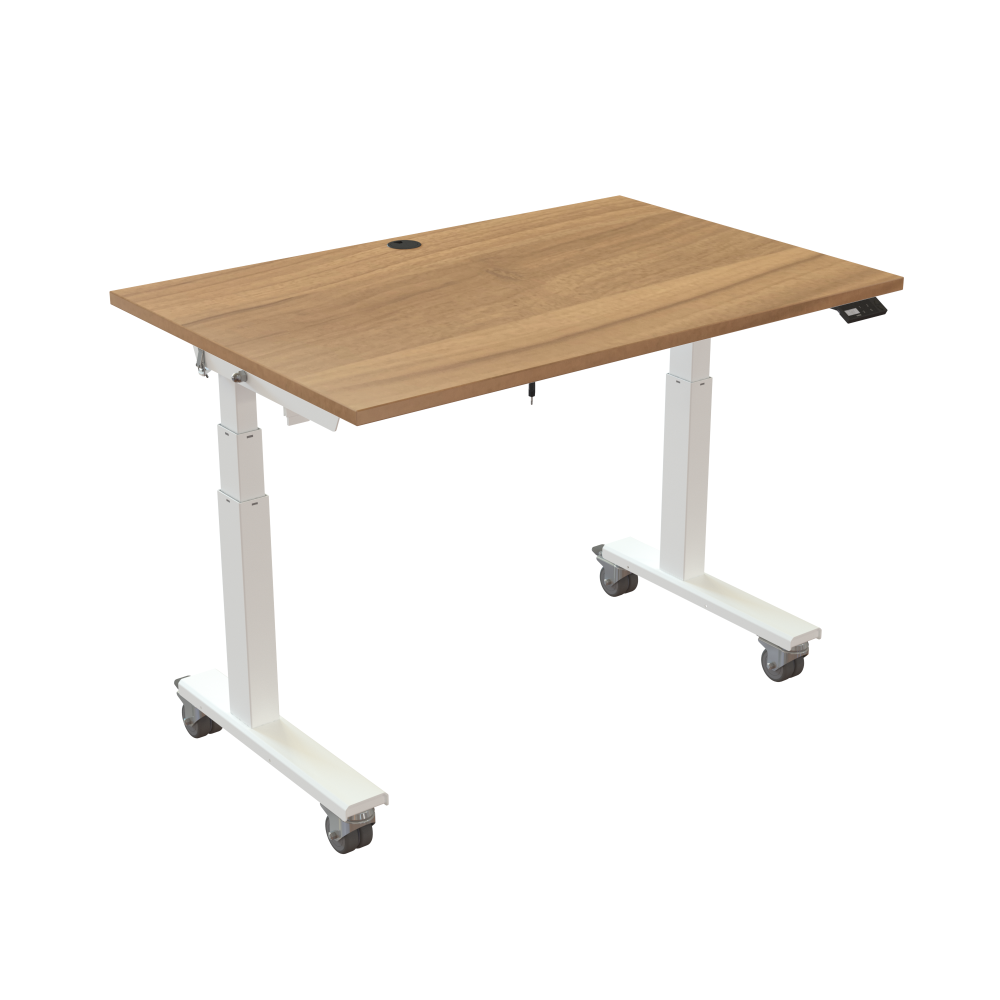 Ergonomic frame desk (120x80 cm) with a walnut melamine tabletop, cable tray, memory controller and wheels on a white 476-35 desk frame