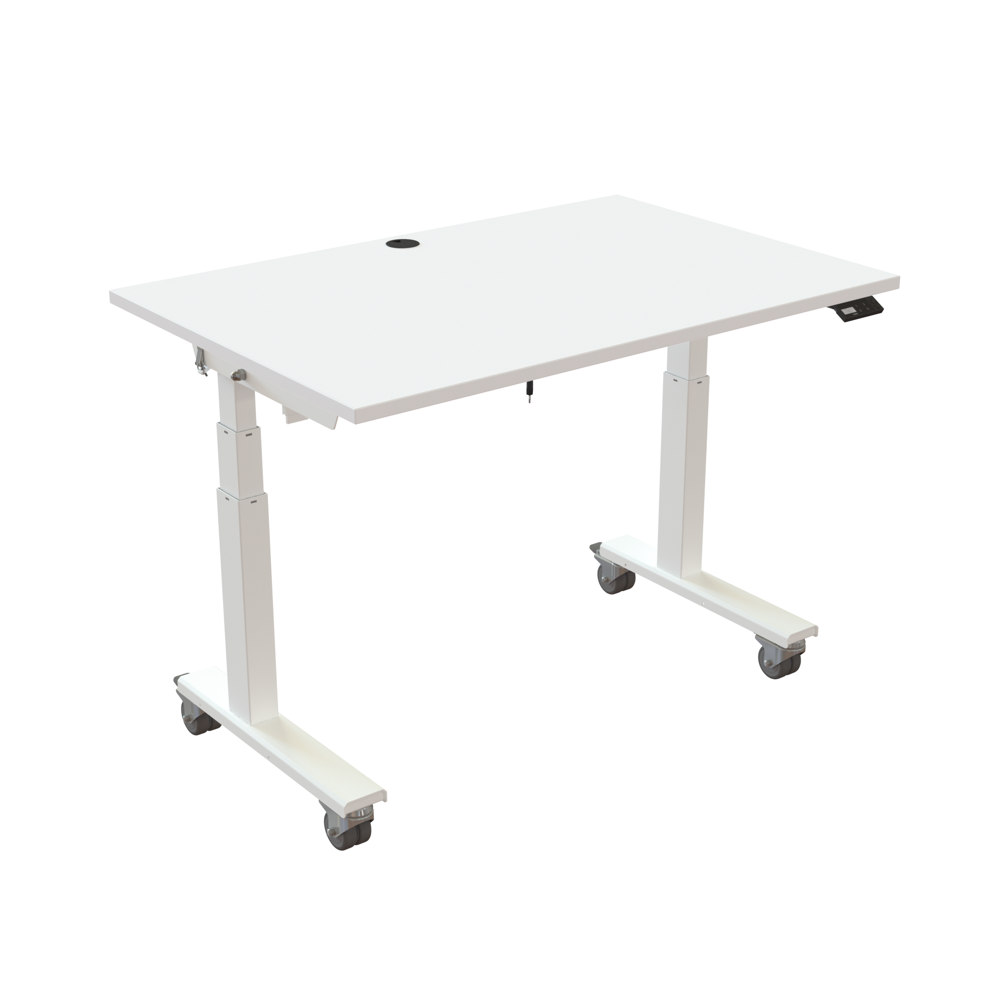 Ergonomic frame desk (120x80 cm) with a white melamine tabletop, cable tray, memory controller and wheels on a white 476-35 desk frame