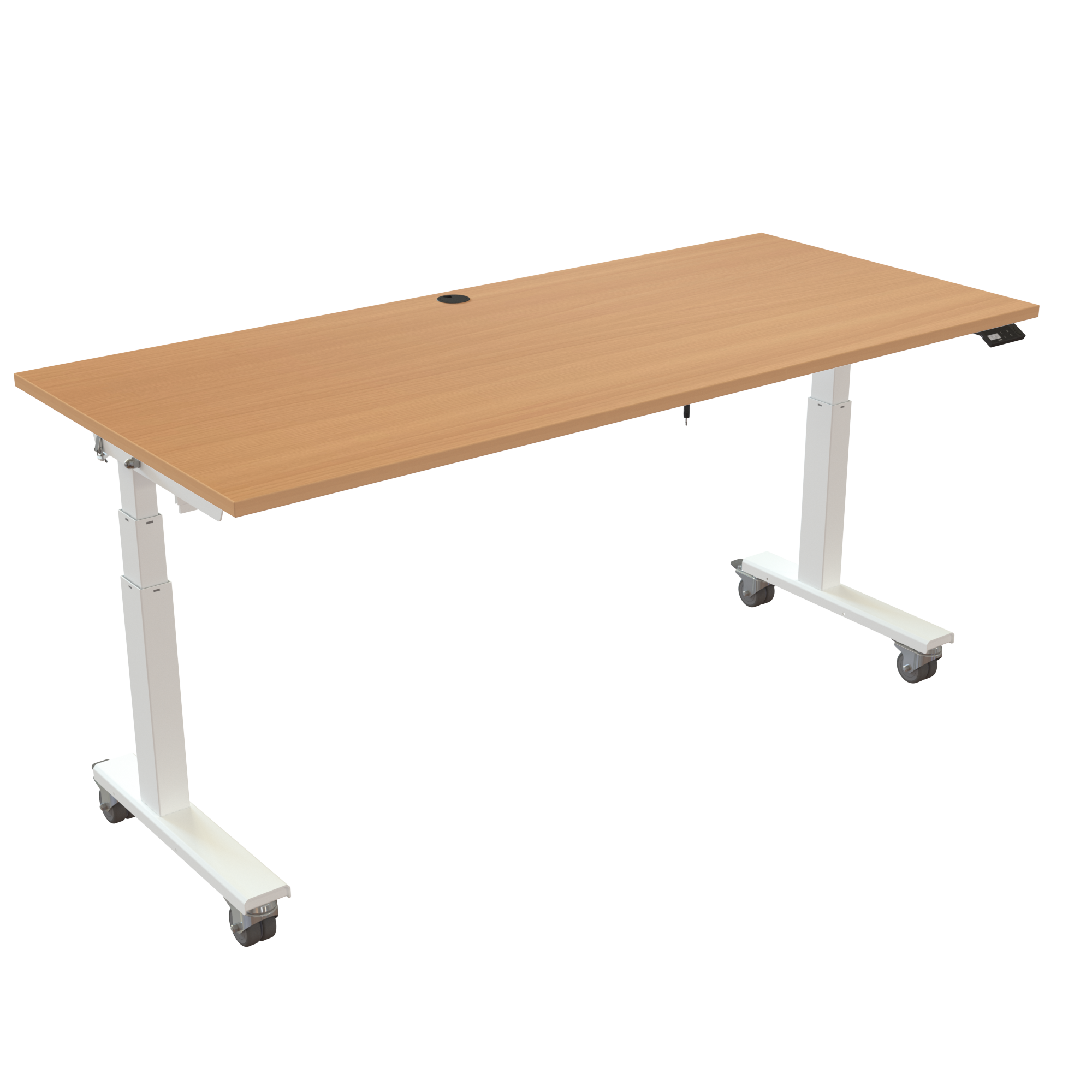 Ergonomic frame desk (180x80 cm) with a beech melamine tabletop, cable tray, memory controller and wheels on a white 476-35 desk frame