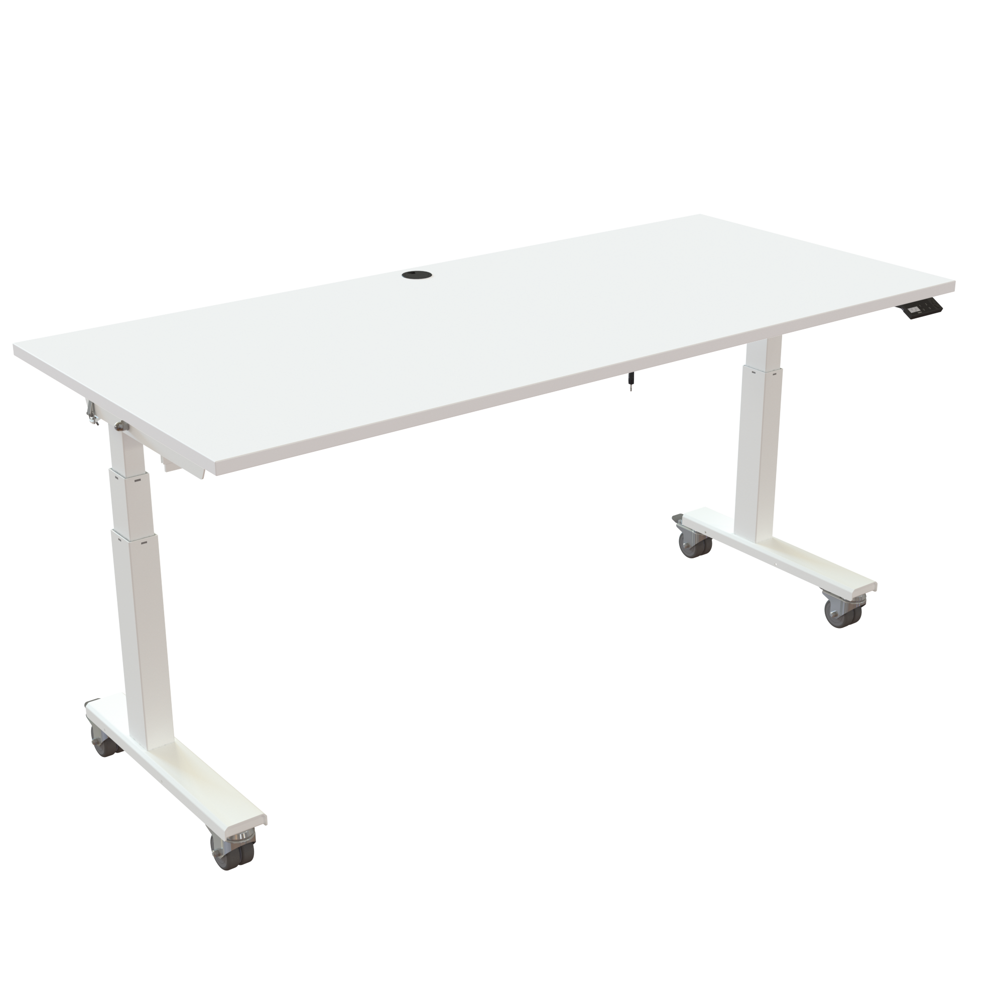 Ergonomic frame desk (180x80 cm) with a white melamine tabletop, cable tray, memory controller and wheels on a white 476-35 desk frame