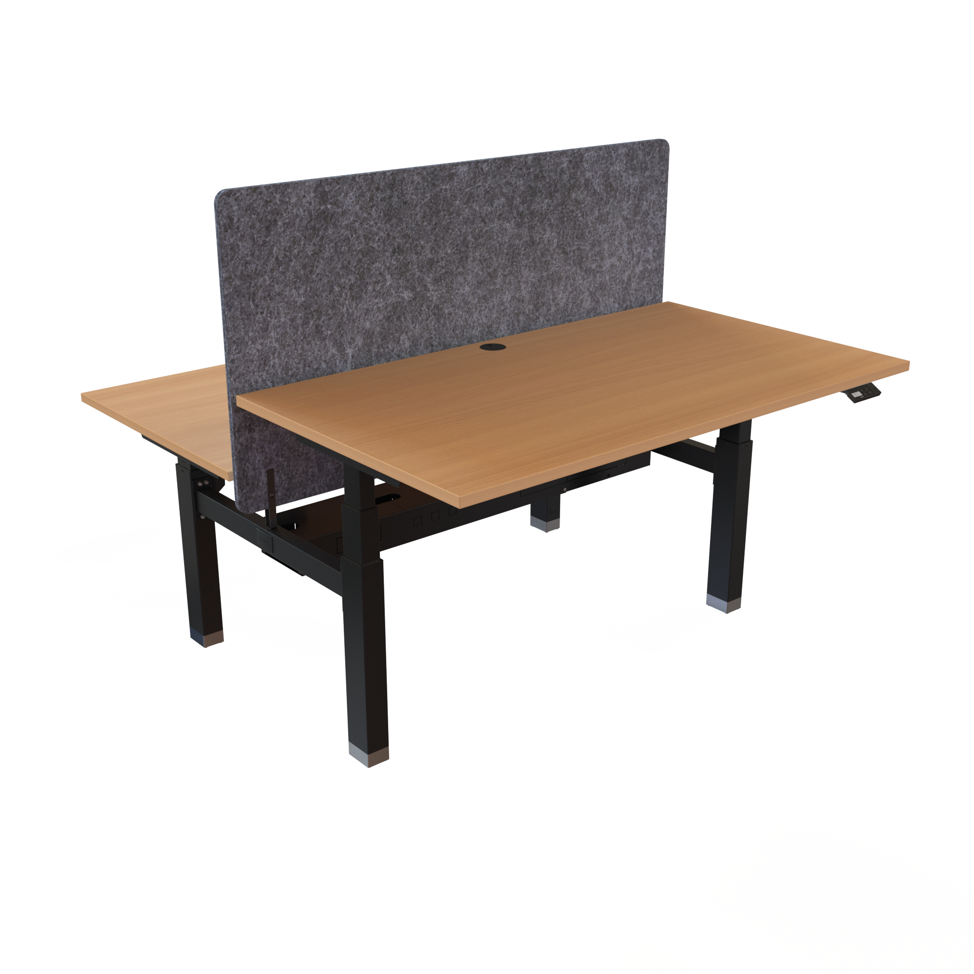 Ergonomic frame desk (140x80 cm) with a beech melamine tabletop and memory controller on a black 481-35 desk frame