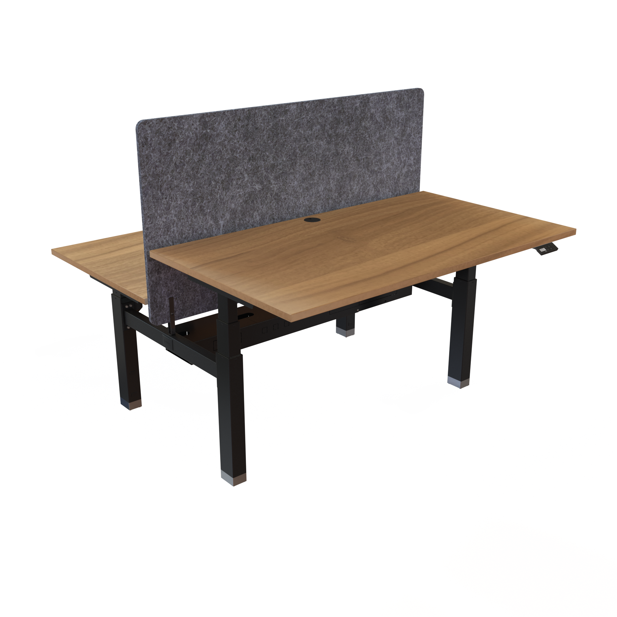 Ergonomic frame desk (140x80 cm) with a walnut melamine tabletop and memory controller on a black 481-35 desk frame