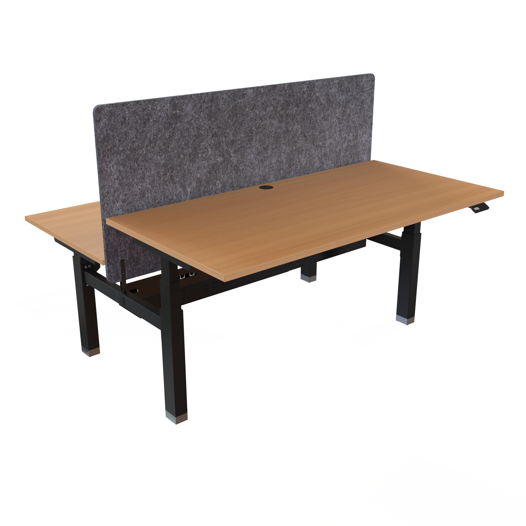 Ergonomic frame desk (160x80 cm) with a beech melamine tabletop, cable tray and memory controller on a black 481-35 desk frame