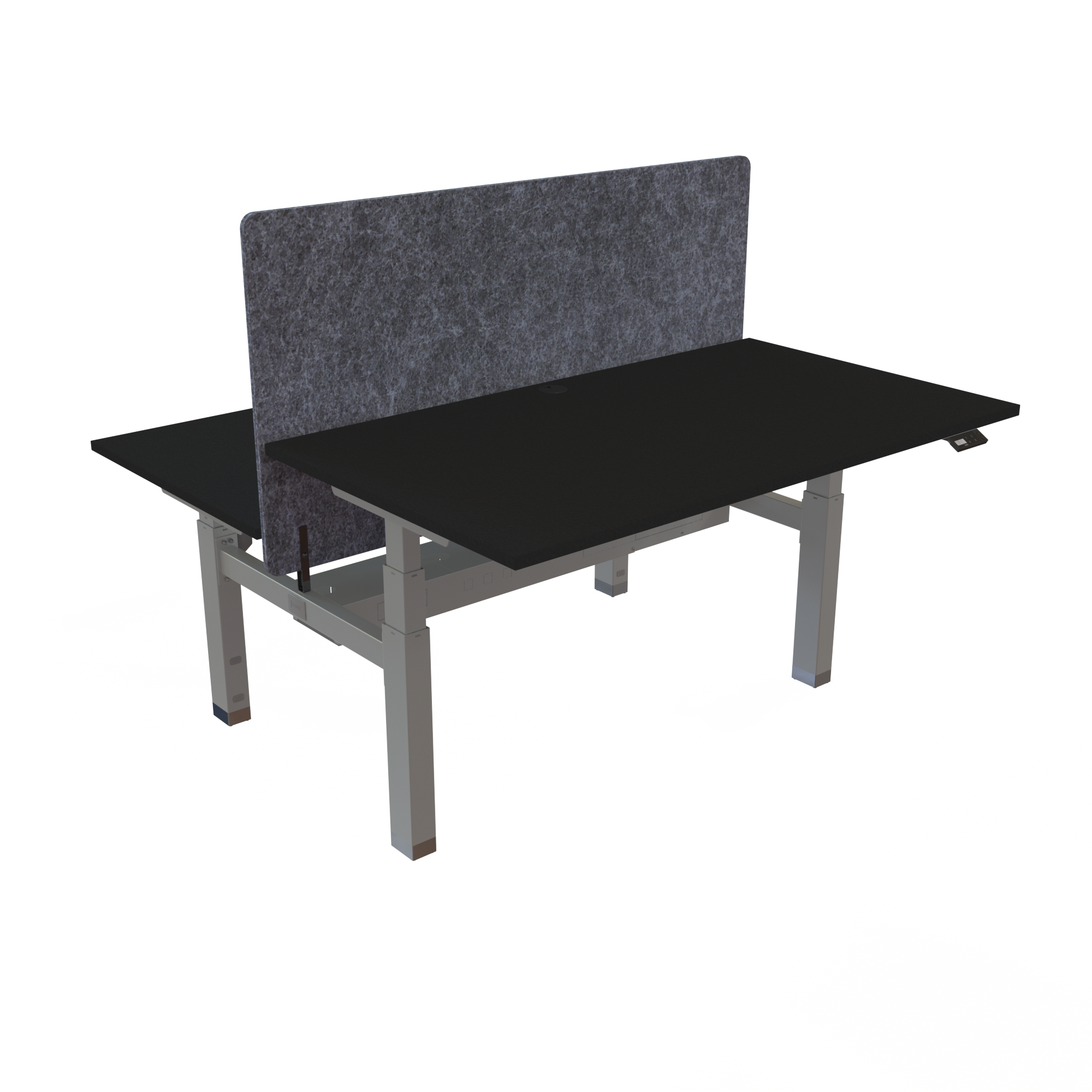 Ergonomic frame desk (140x80 cm) with a black melamine tabletop and memory controller on a silver 481-35 desk frame