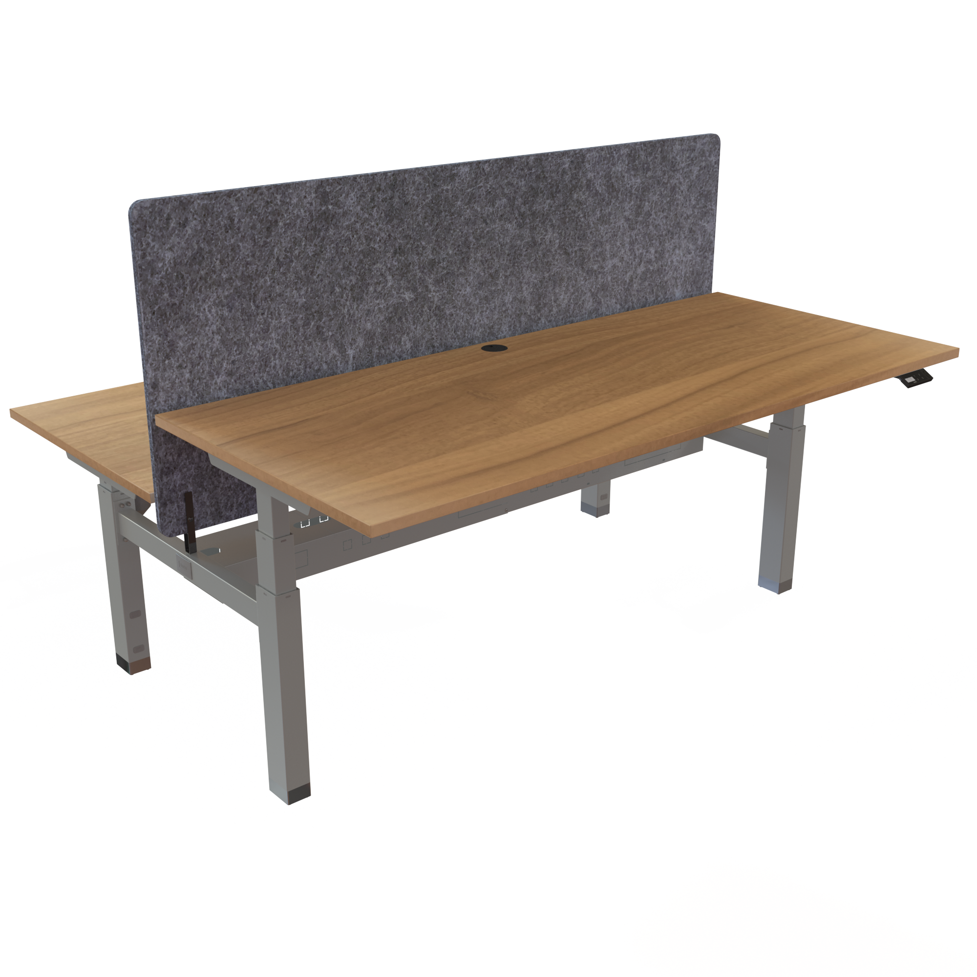 Ergonomic frame desk (180x80 cm) with a walnut melamine tabletop and memory controller on a silver 481-35 desk frame