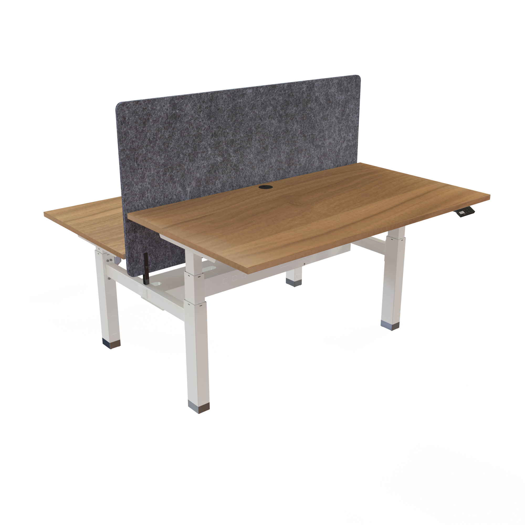 Ergonomic frame desk (140x80 cm) with a walnut melamine tabletop and memory controller on a white 481-35 desk frame