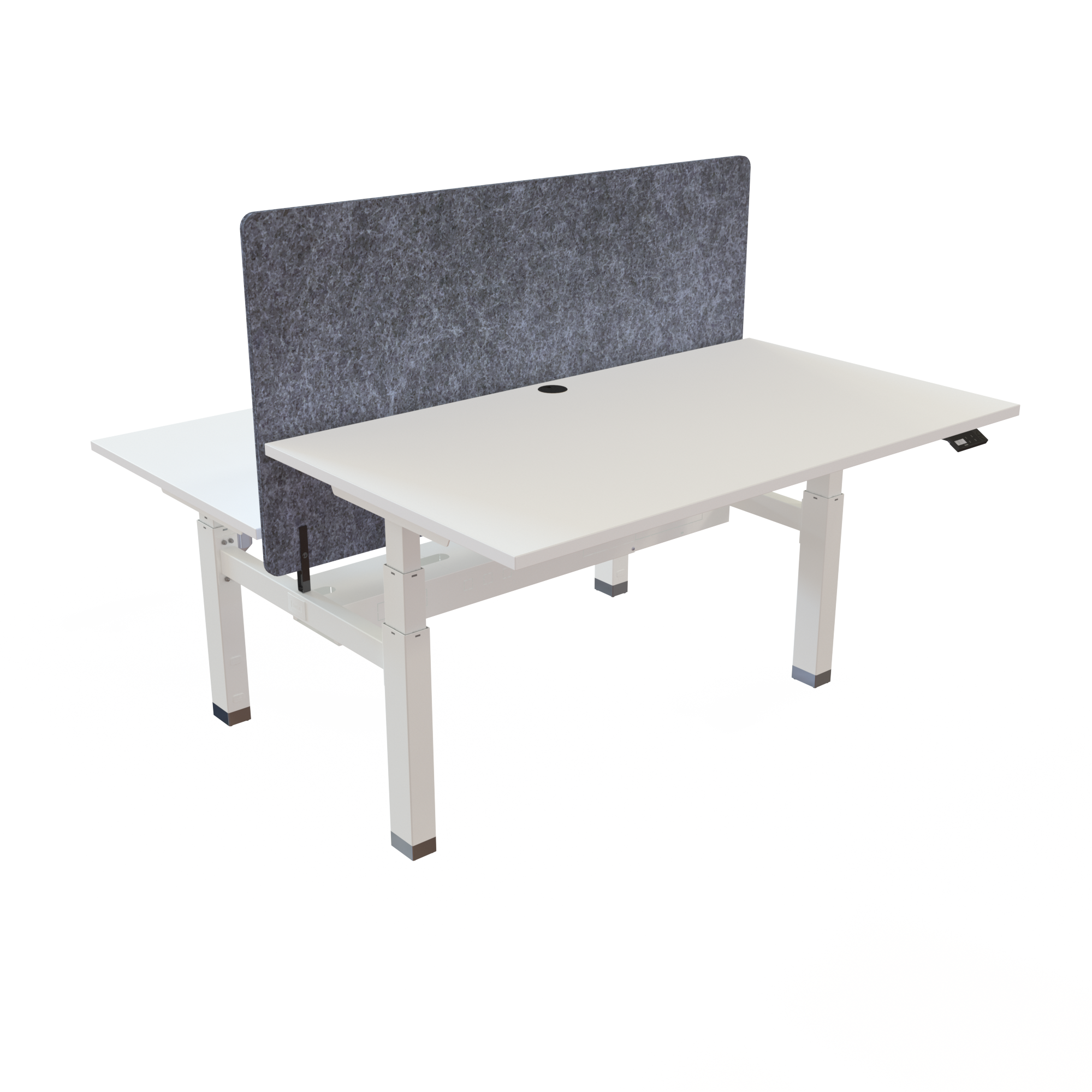 Ergonomic frame desk (140x80 cm) with a white melamine tabletop and memory controller on a white 481-35 desk frame
