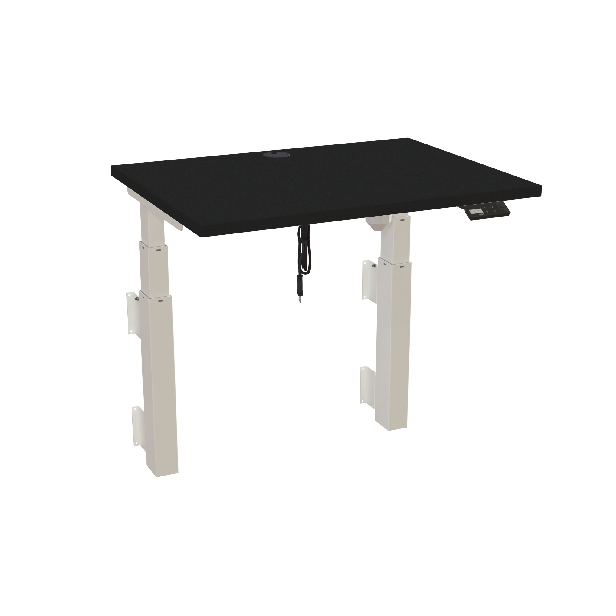 Ergonomic wall-mounted desk (080x60 cm) with a black melamine tabletop, cable tray and memory controller on a white 491-35 desk frame