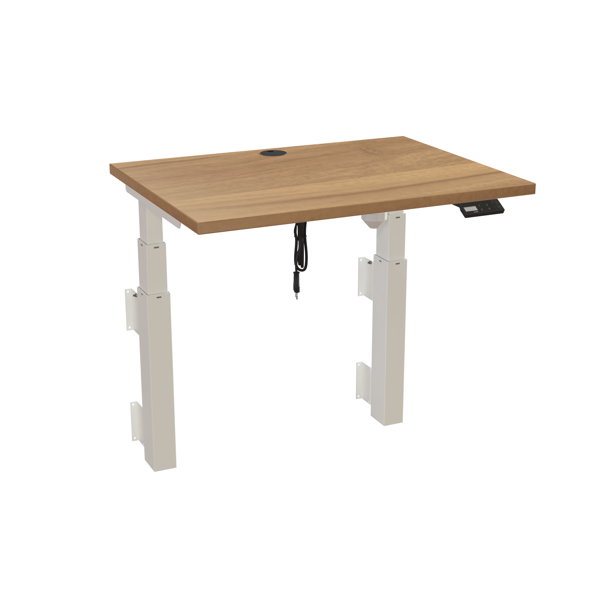 Ergonomic wall-mounted desk (080x60 cm) with a walnut melamine tabletop and memory controller on a white 491-35 desk frame