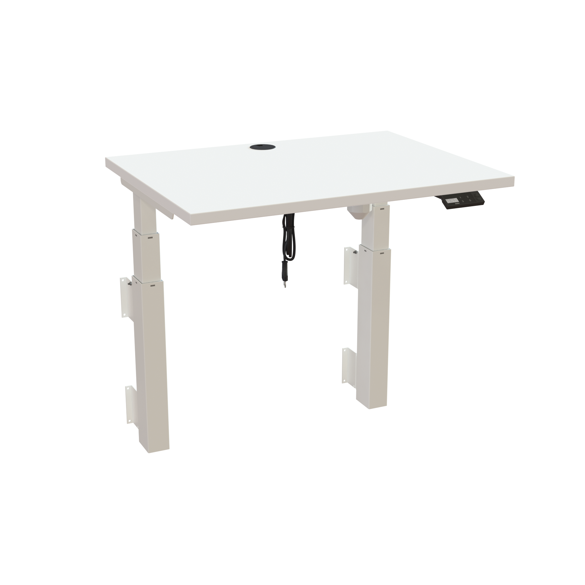 Ergonomic wall-mounted desk (080x60 cm) with a white melamine tabletop and memory controller on a white 491-35 desk frame