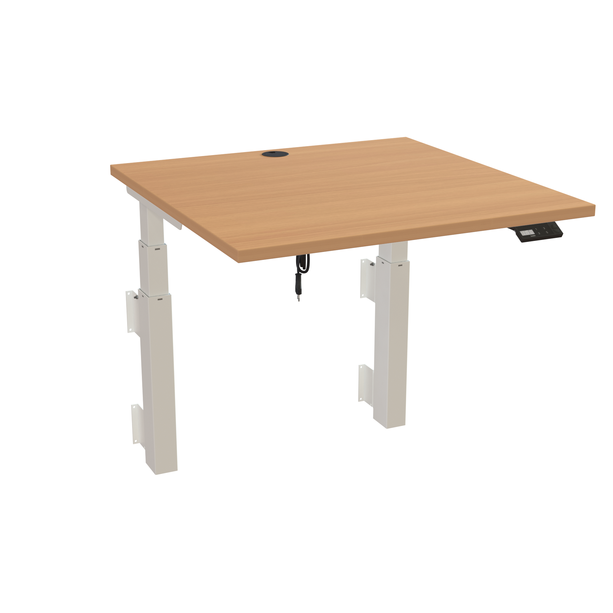 Ergonomic wall-mounted desk (080x80 cm) with a beech melamine tabletop and memory controller on a white 491-35 desk frame