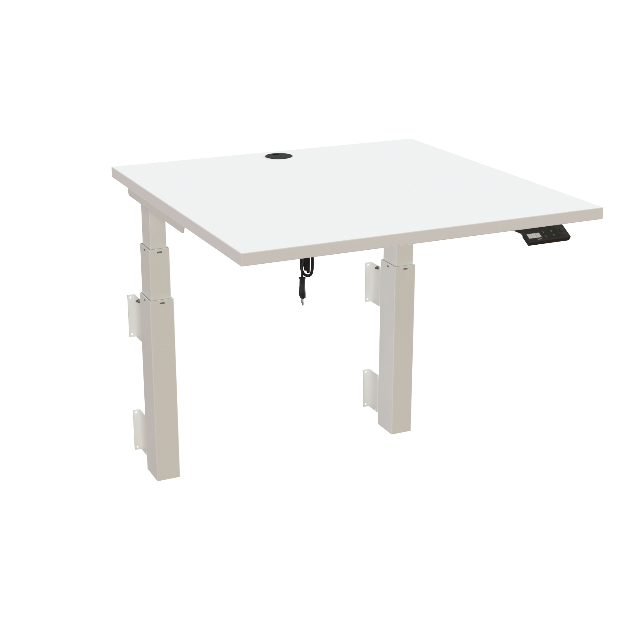Ergonomic wall-mounted desk (080x80 cm) with a white melamine tabletop and memory controller on a white 491-35 desk frame