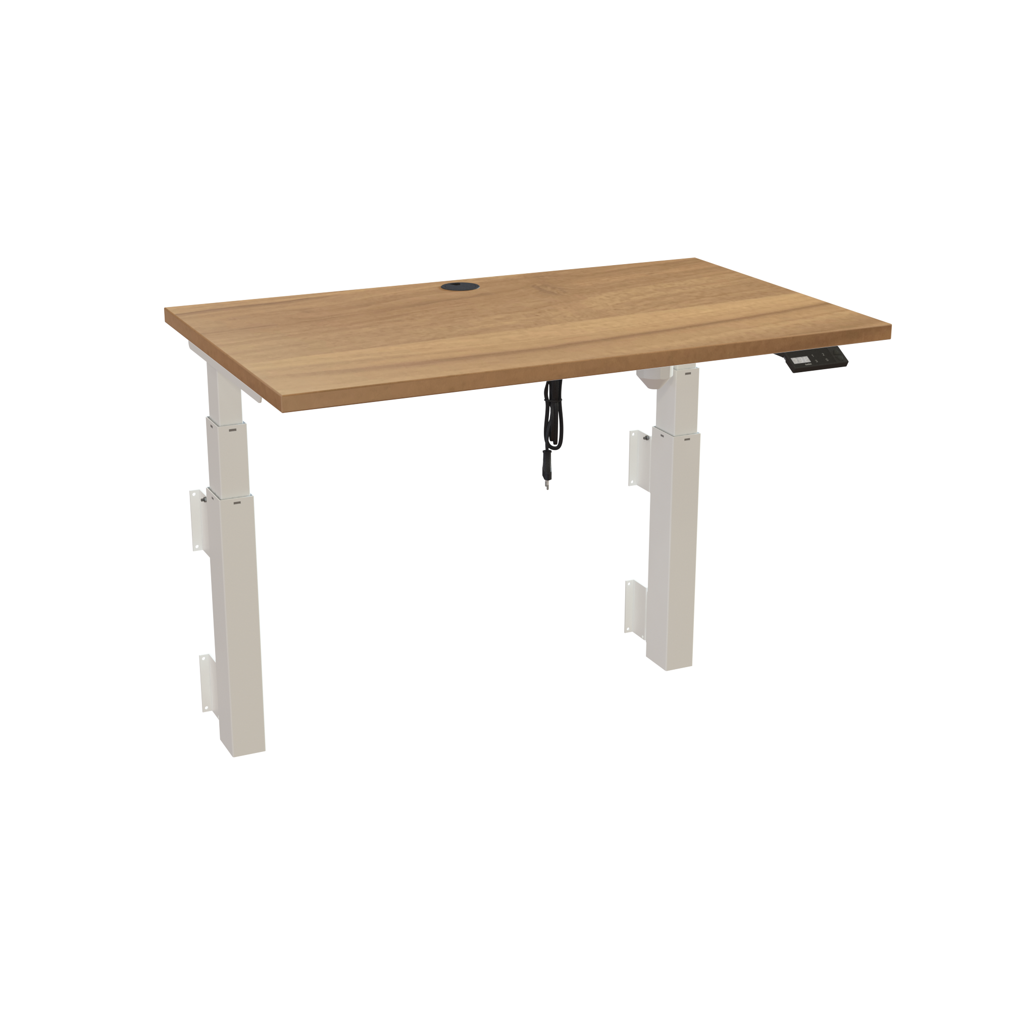 Ergonomic wall-mounted desk (100x60 cm) with a walnut melamine tabletop and memory controller on a white 491-35 desk frame
