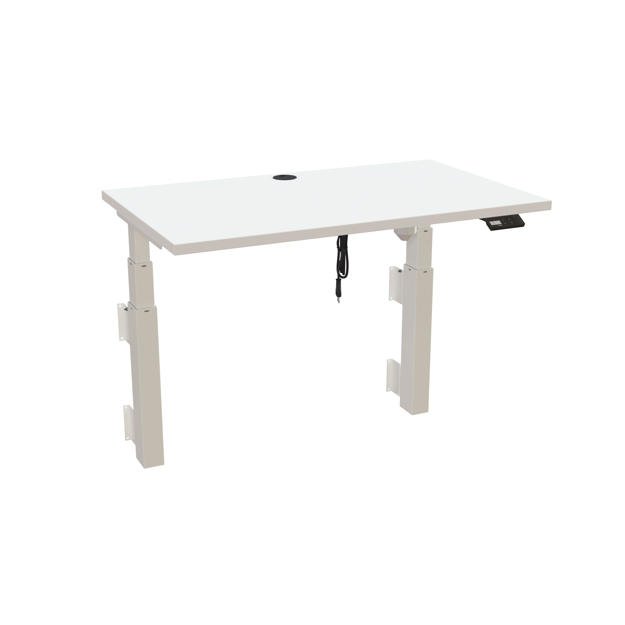 Ergonomic wall-mounted desk (100x60 cm) with a white melamine tabletop and memory controller on a white 491-35 desk frame