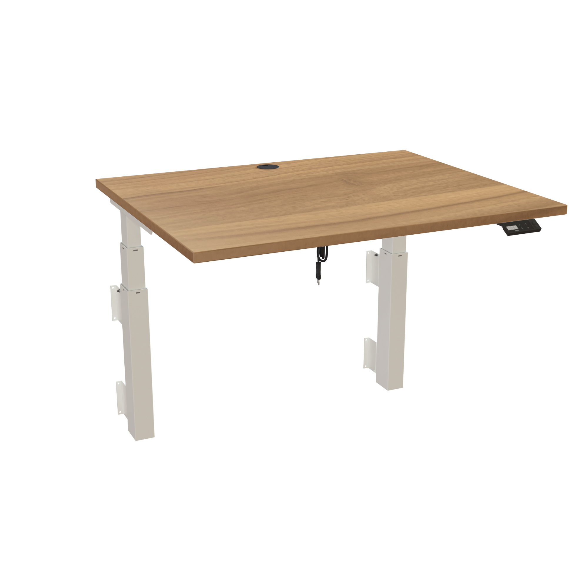 Ergonomic wall-mounted desk (100x80 cm) with a walnut melamine tabletop and memory controller on a white 491-35 desk frame