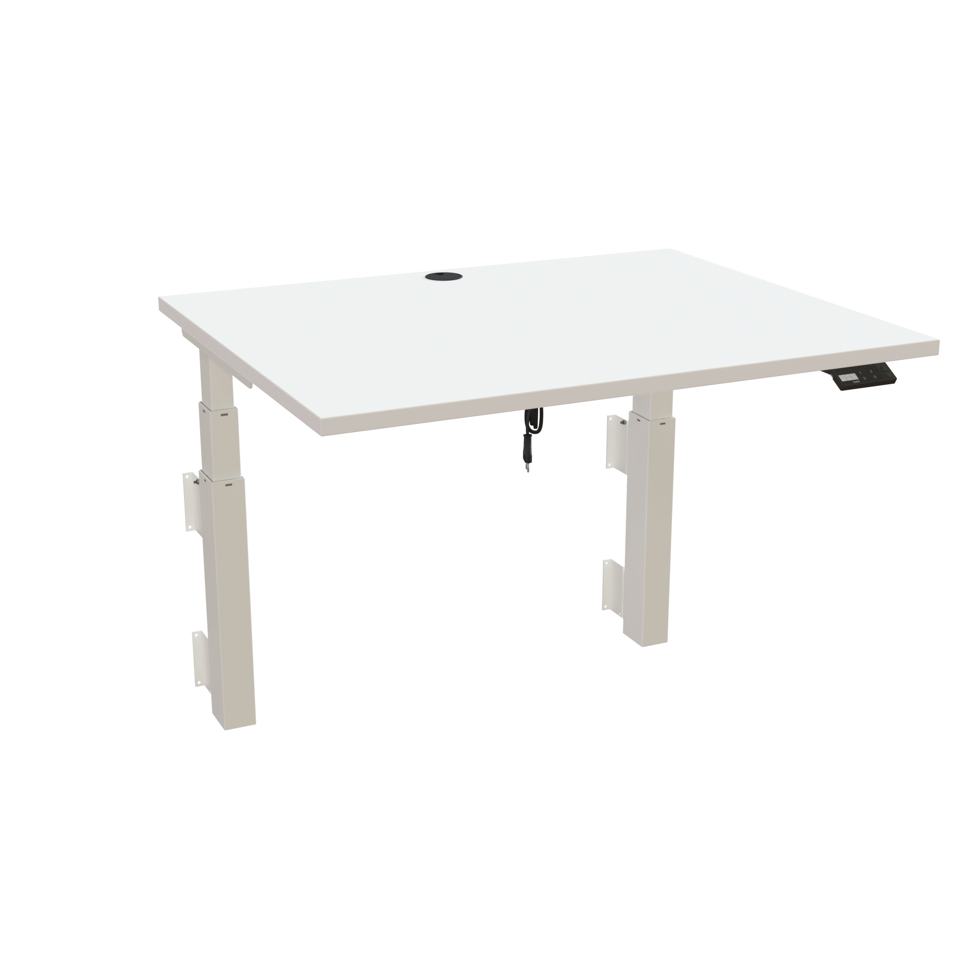Ergonomic wall-mounted desk (100x80 cm) with a white melamine tabletop and memory controller on a white 491-35 desk frame