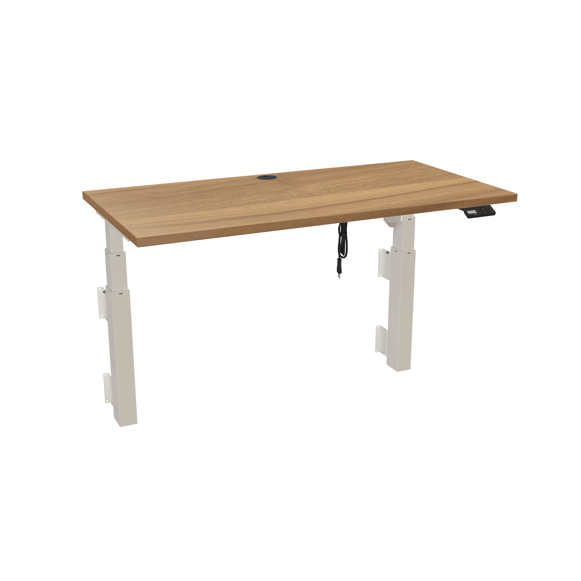 Ergonomic wall-mounted desk (120x60 cm) with a walnut melamine tabletop and memory controller on a white 491-35 desk frame
