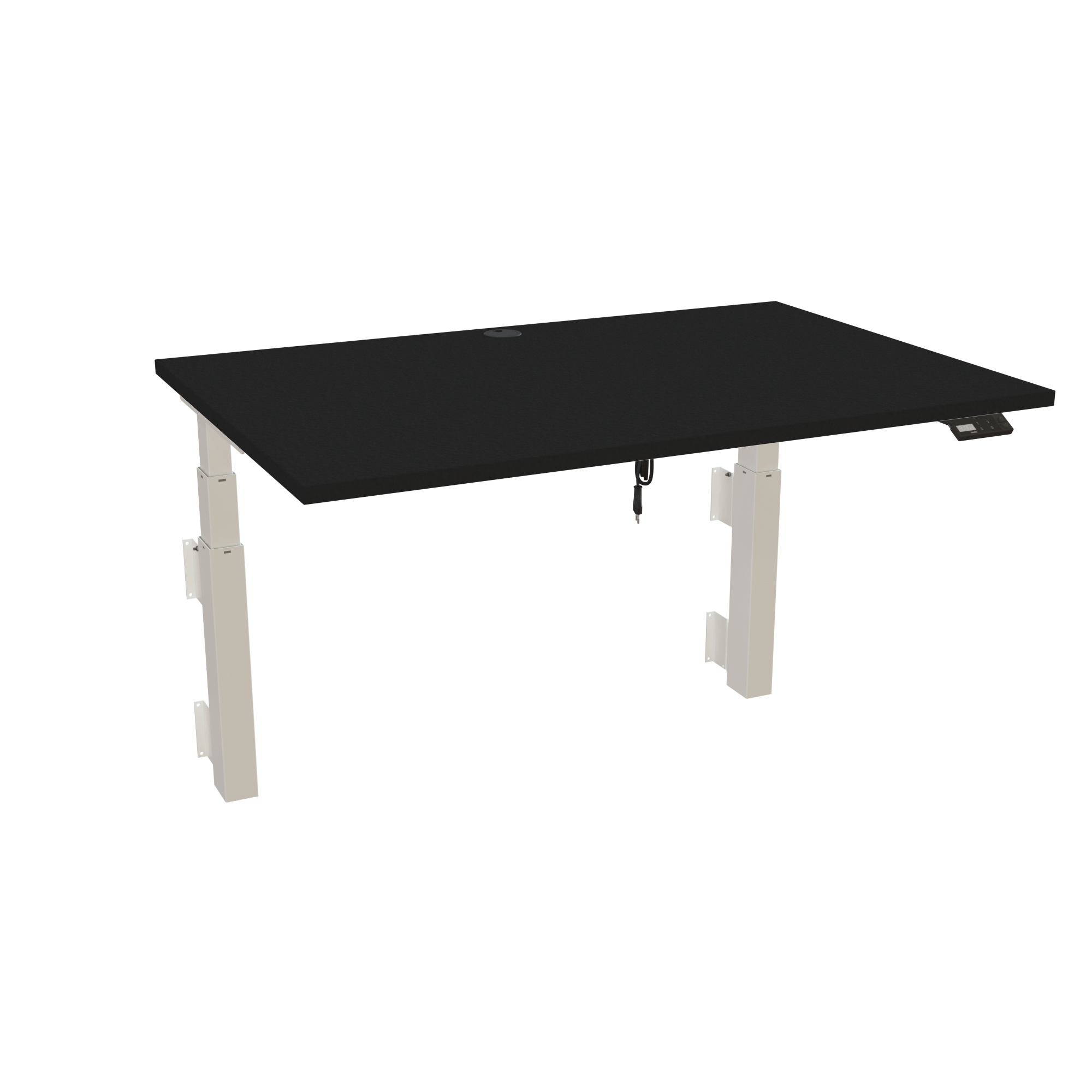 Ergonomic wall-mounted desk (120x80 cm) with a black melamine tabletop and memory controller on a white 491-35 desk frame
