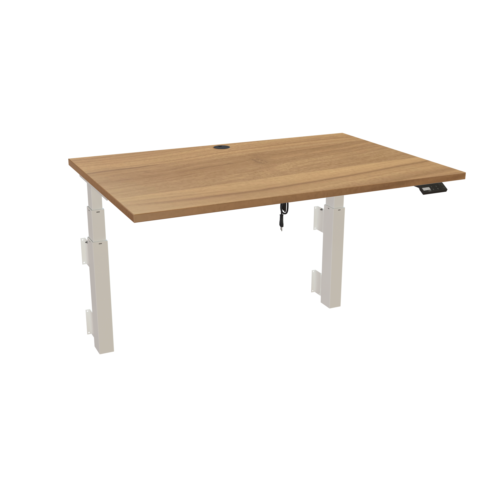 Ergonomic wall-mounted desk (120x80 cm) with a walnut melamine tabletop and memory controller on a white 491-35 desk frame