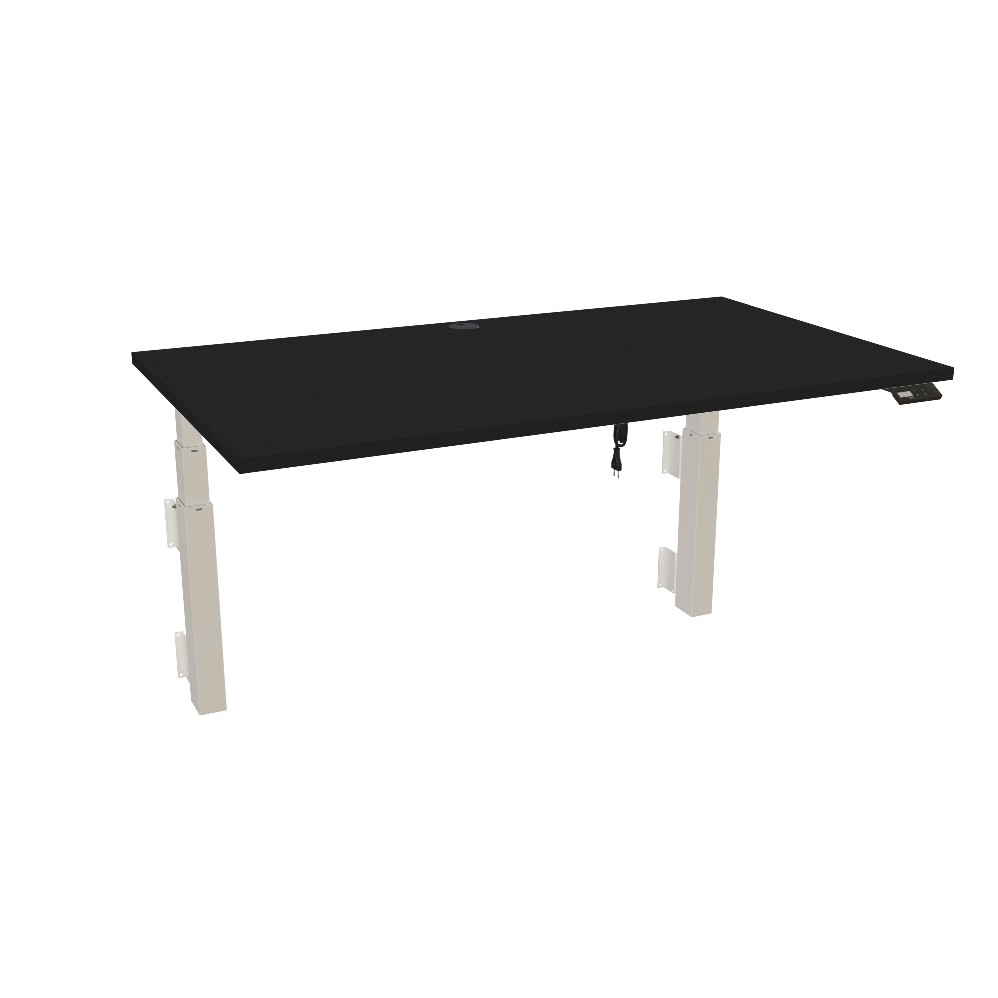 Ergonomic wall-mounted desk (140x80 cm) with a black melamine tabletop and memory controller on a white 491-35 desk frame