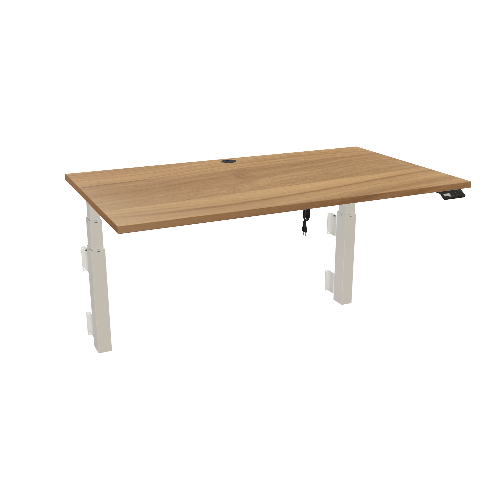 Ergonomic wall-mounted desk (140x80 cm) with a walnut melamine tabletop, cable tray and memory controller on a white 491-35 desk frame