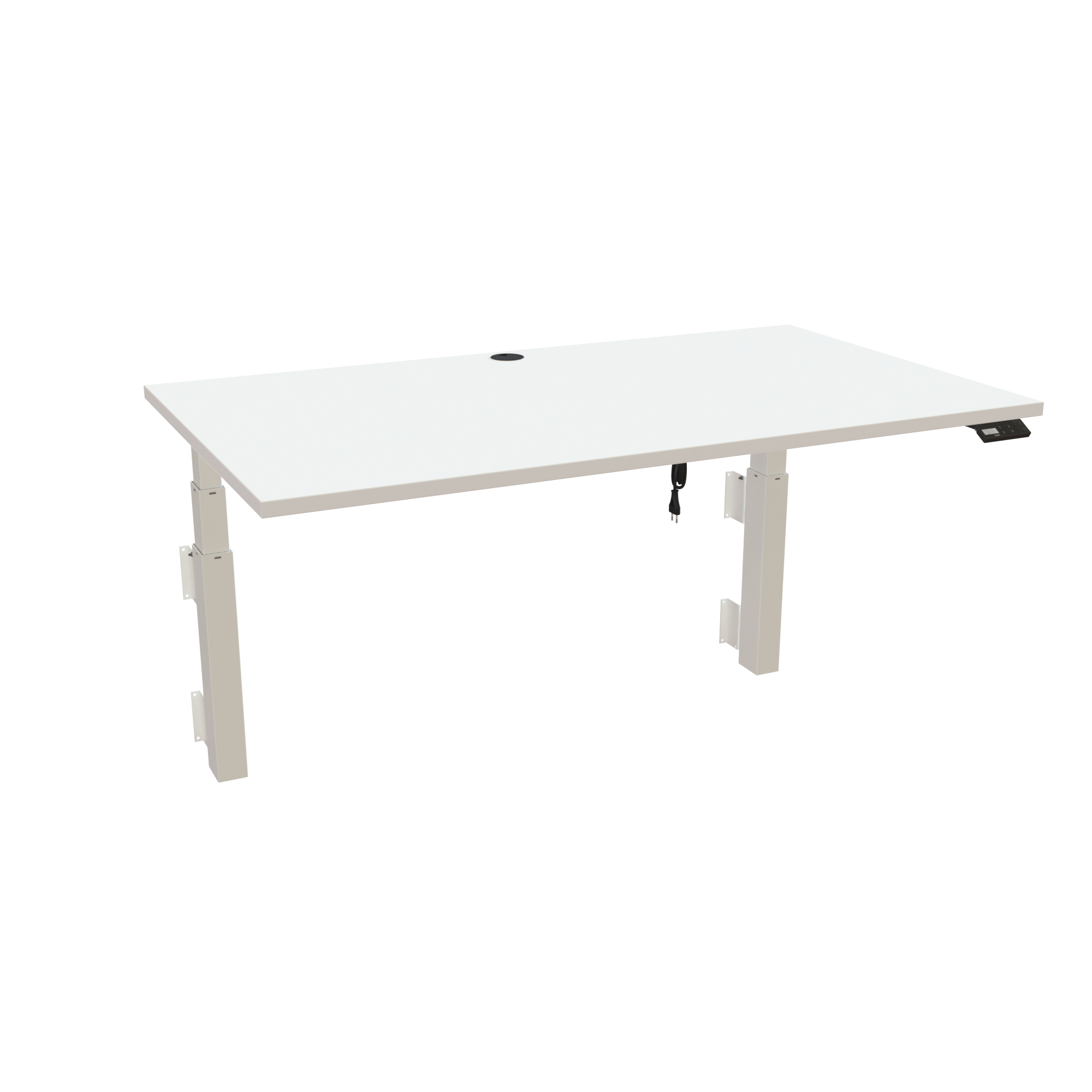 Ergonomic wall-mounted desk (140x80 cm) with a white melamine tabletop, cable tray and memory controller on a white 491-35 desk frame