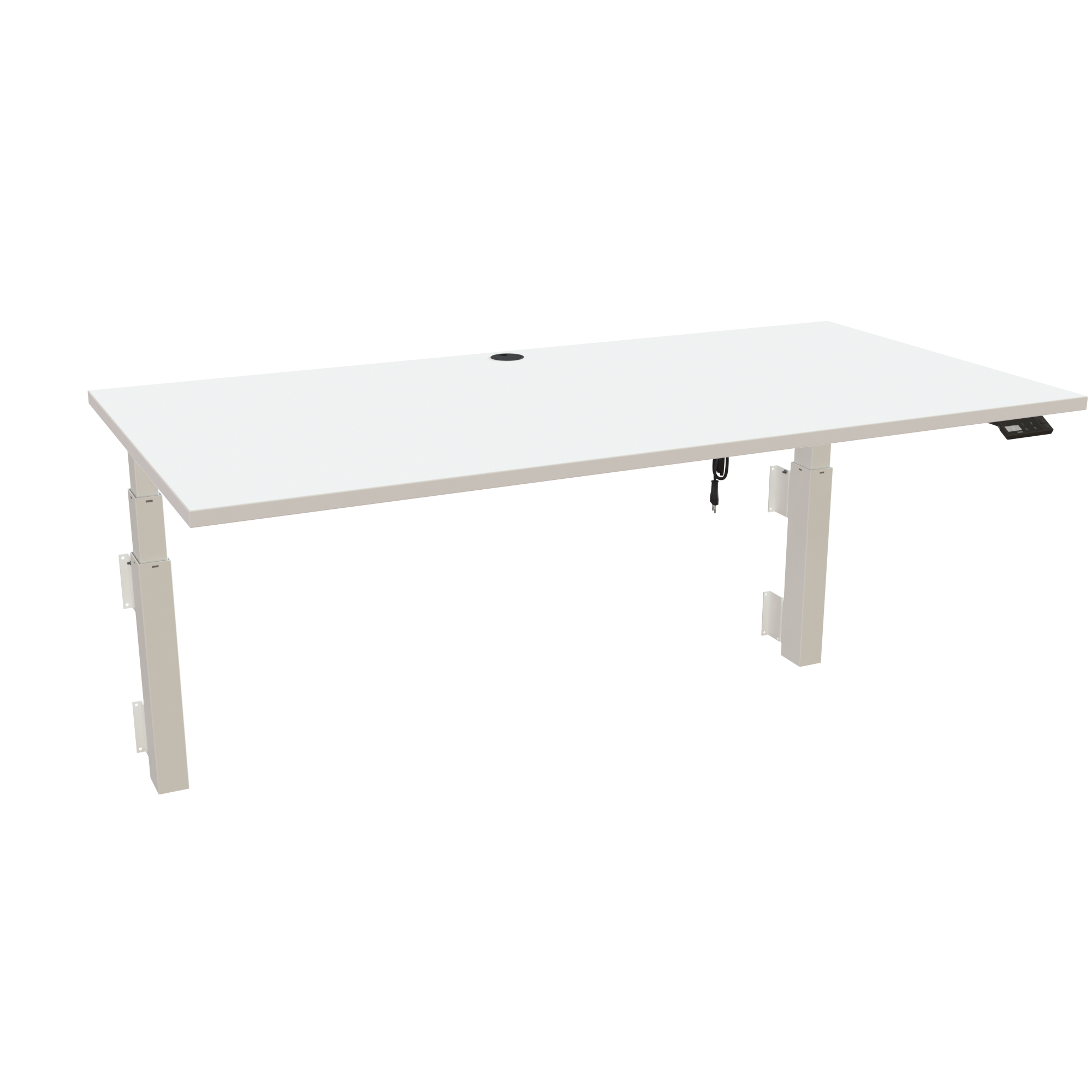 Ergonomic wall-mounted desk (160x80 cm) with a white melamine tabletop and memory controller on a white 491-35 desk frame