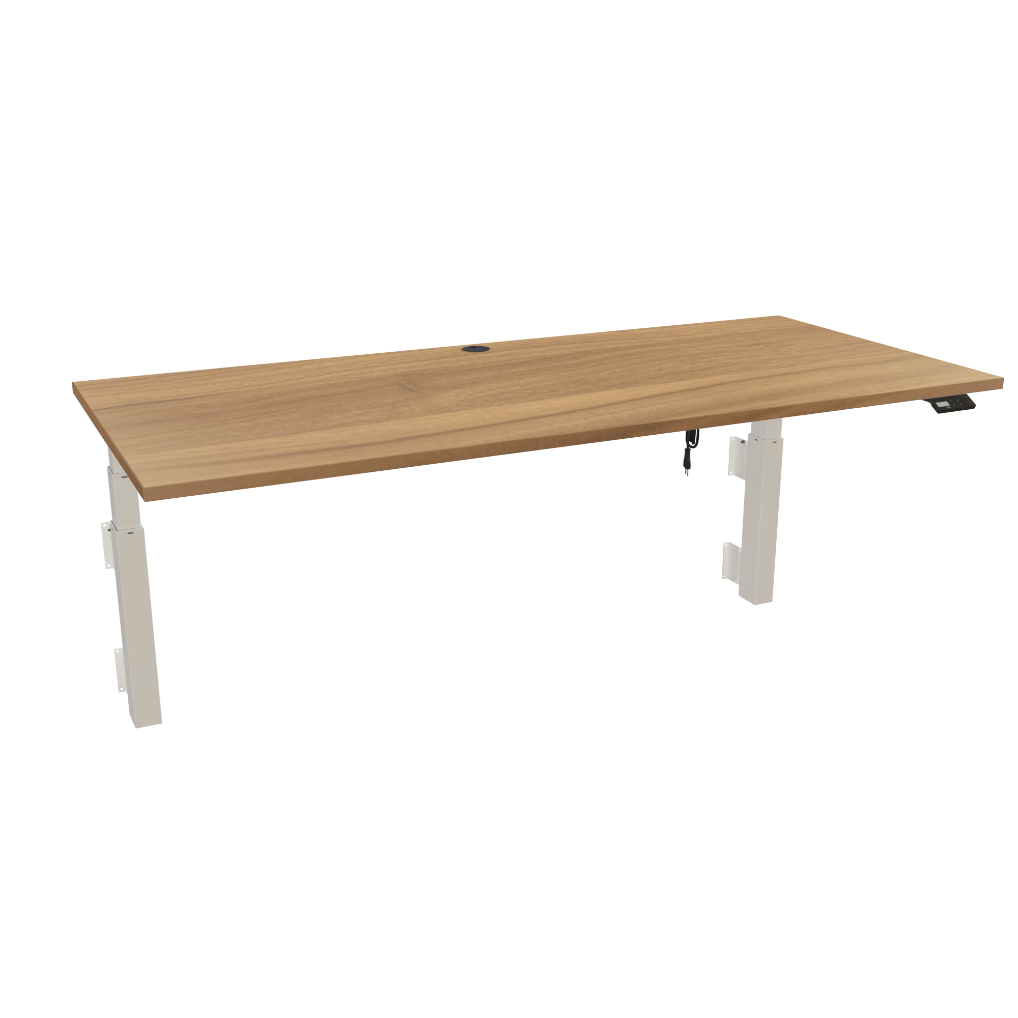 Ergonomic wall-mounted desk (180x80 cm) with a walnut melamine tabletop and memory controller on a white 491-35 desk frame