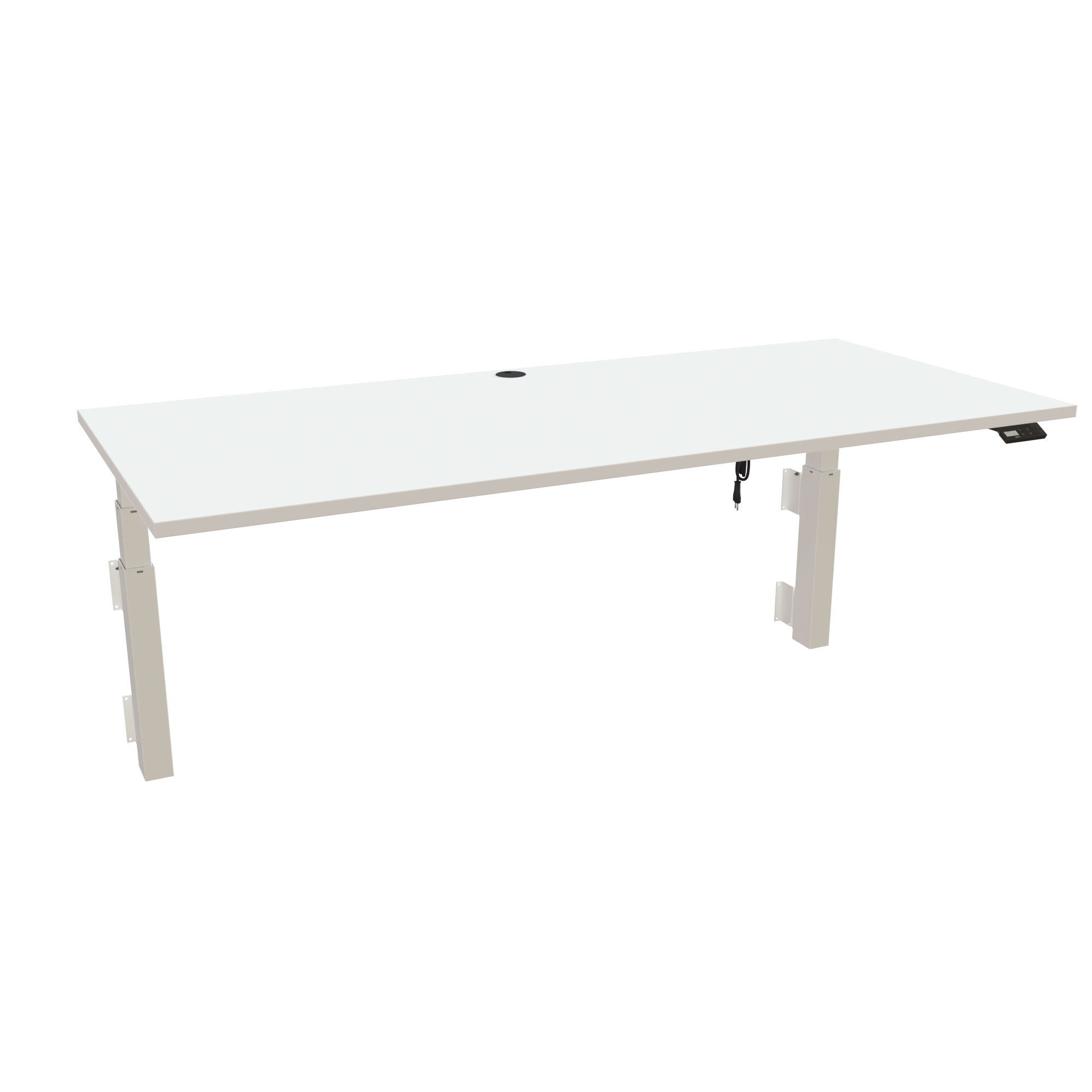 Ergonomic wall-mounted desk (180x80 cm) with a white melamine tabletop and memory controller on a white 491-35 desk frame