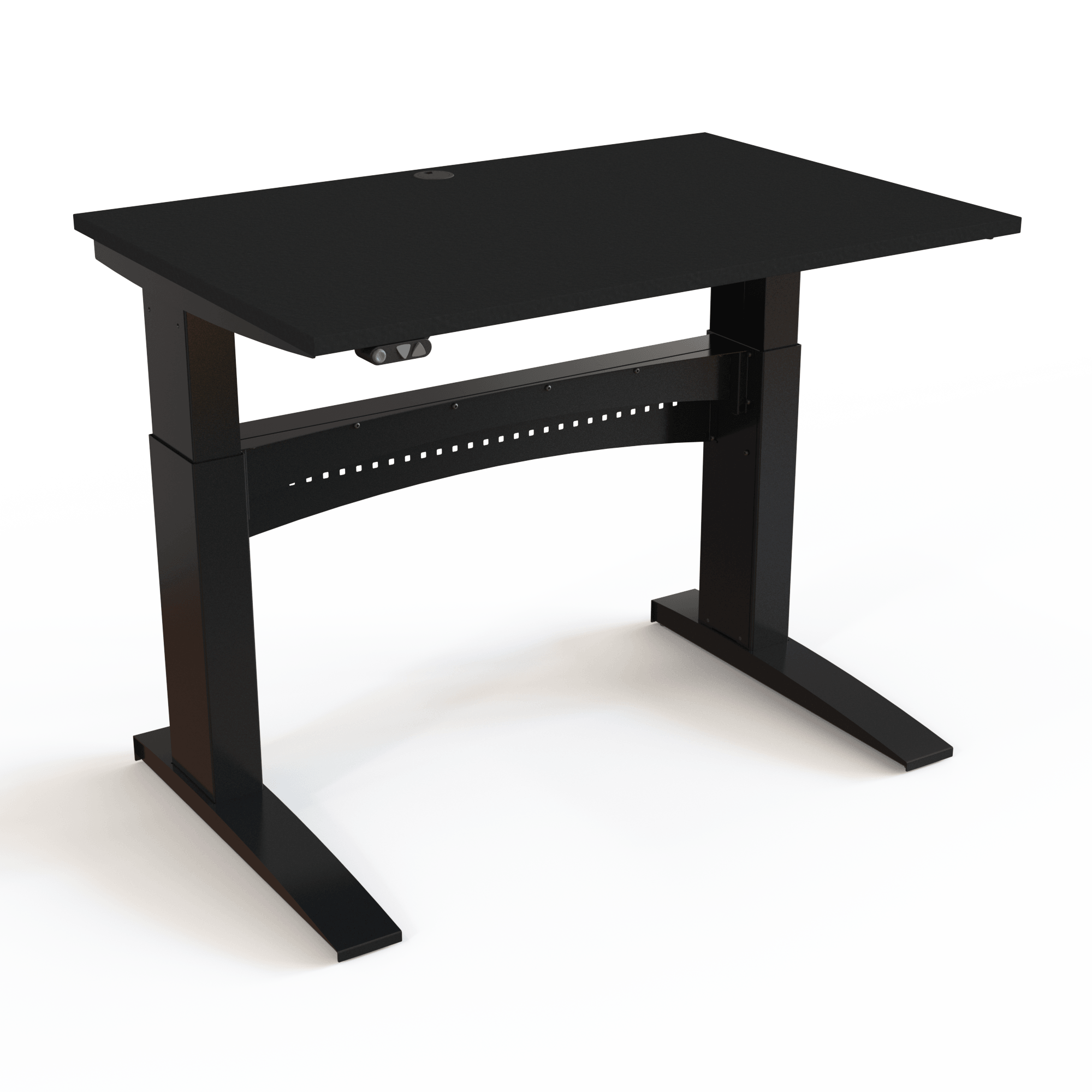 The height-adjustable desk where reliability and strength come as standard, with a black tabletop and black base. The size is 120x80. The height is 65-122cm and the table lifts 150kg.