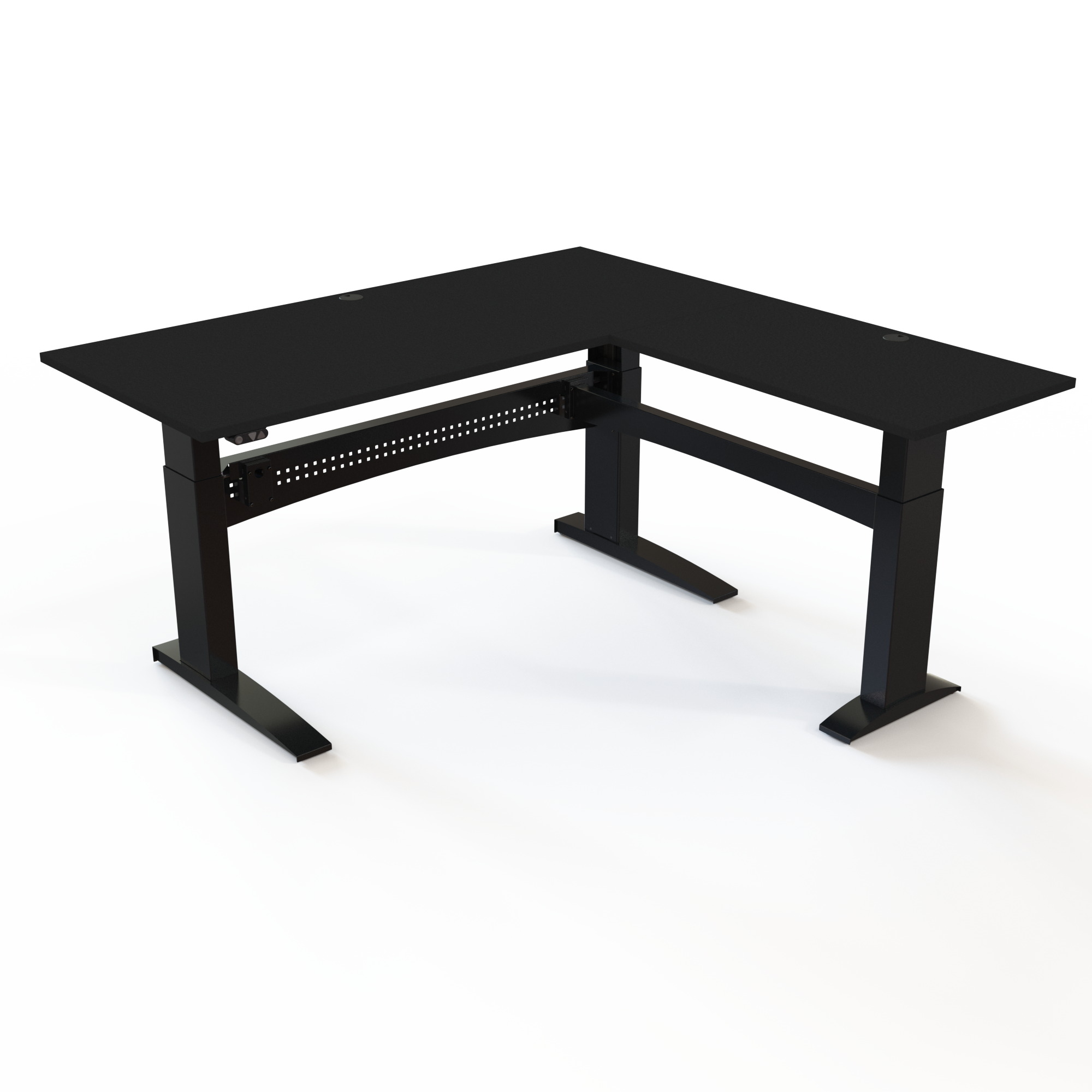 Electric height-adjustable desk with 3 columns, with a black tabletop and black base. The size is 180x180. The height is 65-122cm and the table lifts 125kg.