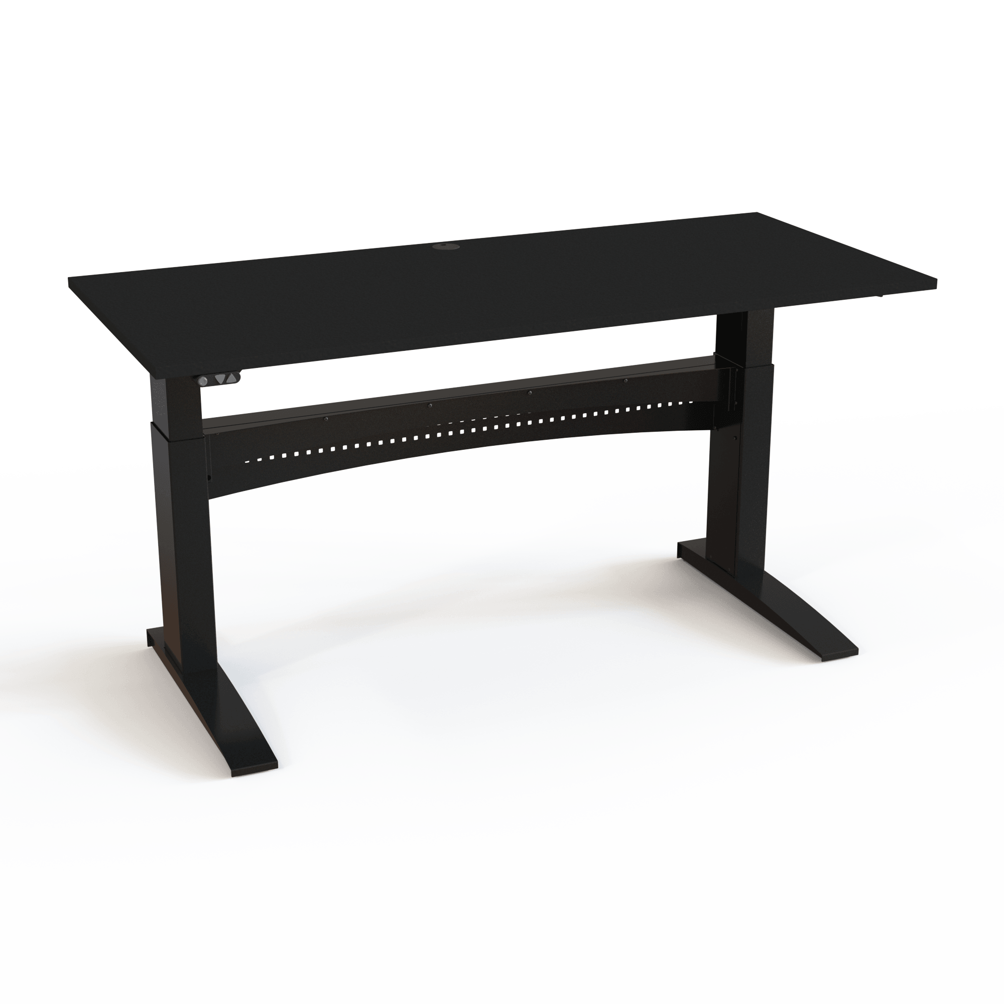The table with mechanical synchronization that always works, with a black tabletop and black base. The size is 180x80. The height is 65-122cm and the table lifts 150kg.