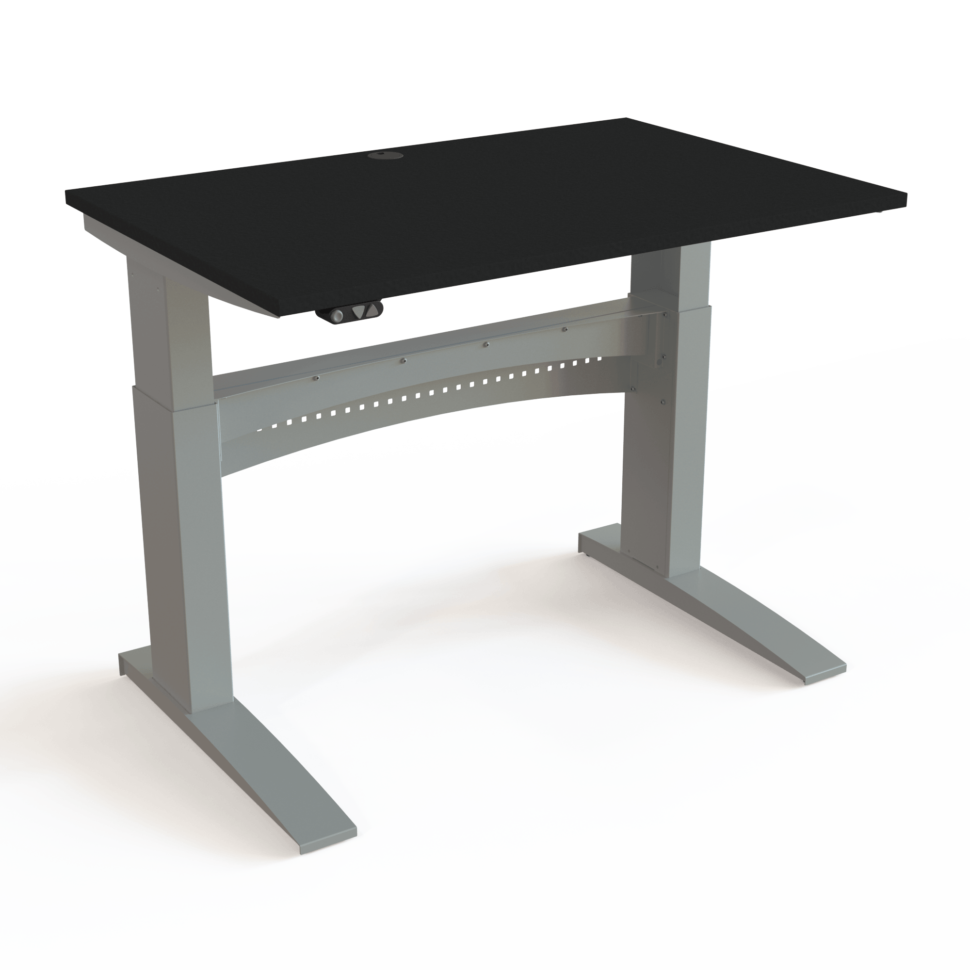 The table with mechanical synchronization that always works, with a black tabletop and silver base. The size is 120x80. The height is 65-122cm and the table lifts 150kg.