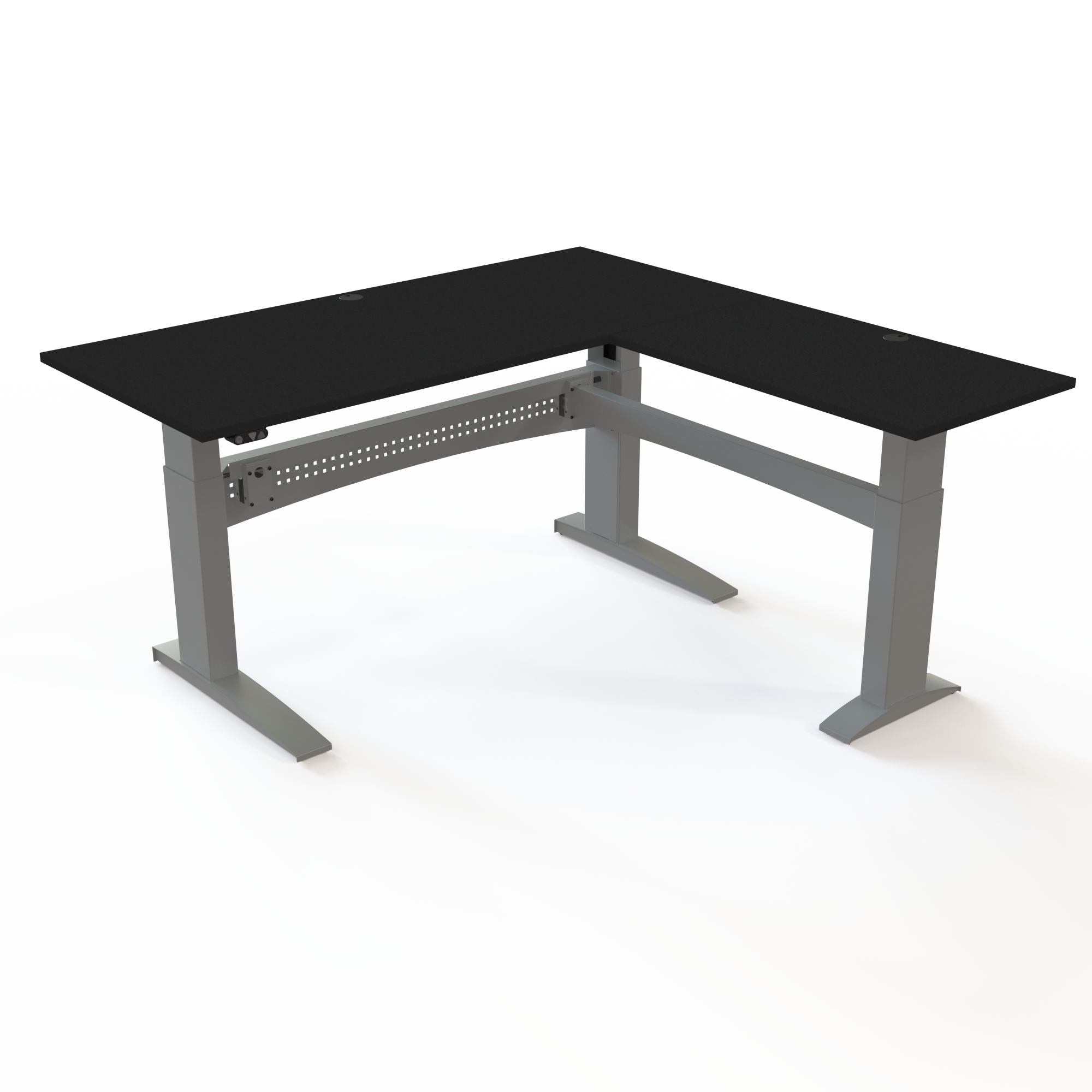 Corner desk with a black tabletop and silver base. The size is 180x180. The height is 65-122cm and the table can lift 125kg.