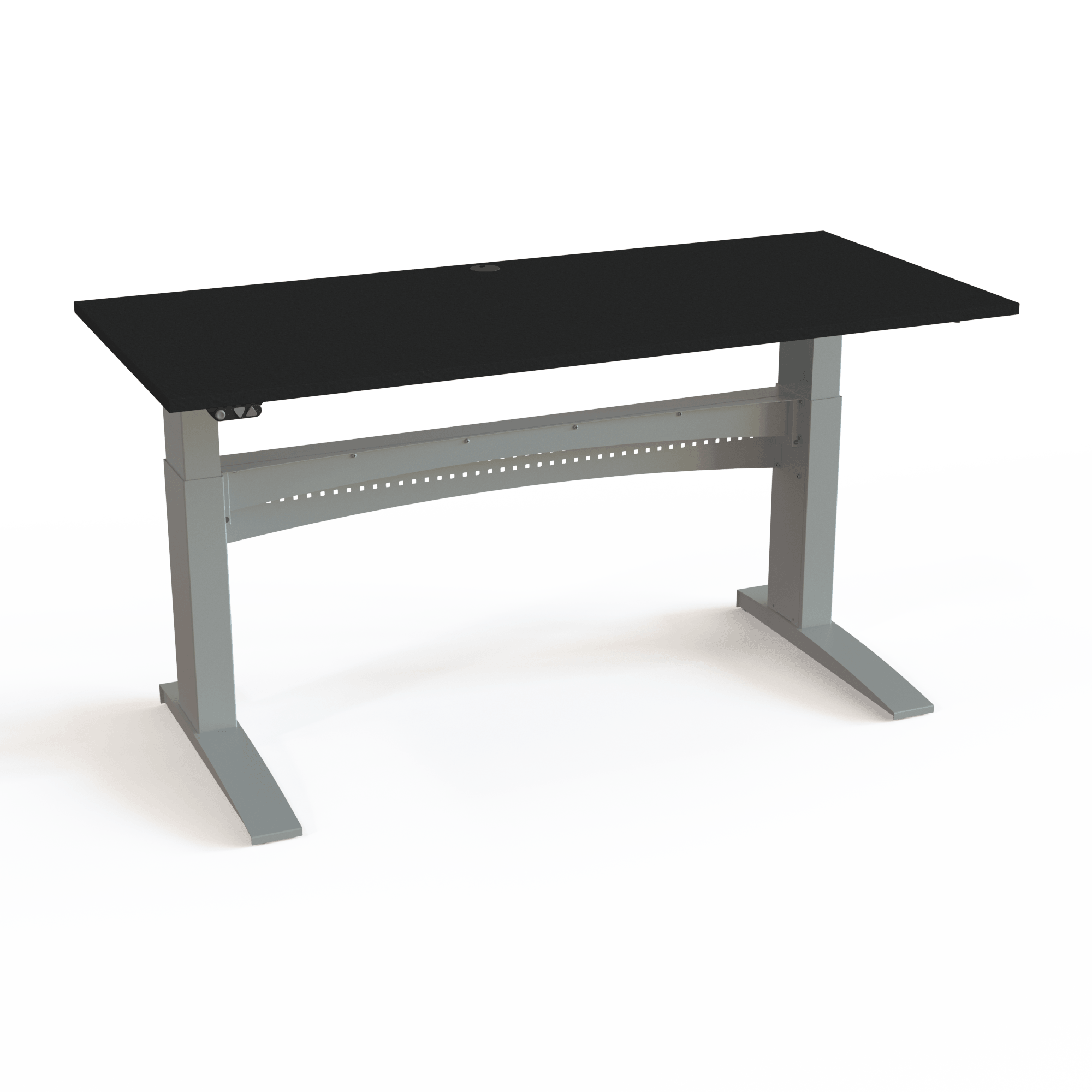 Desk with integrated front panel and cable channel, with a black tabletop and silver base. The size is 180x80. The height is 65-122cm and the table lifts 150kg.