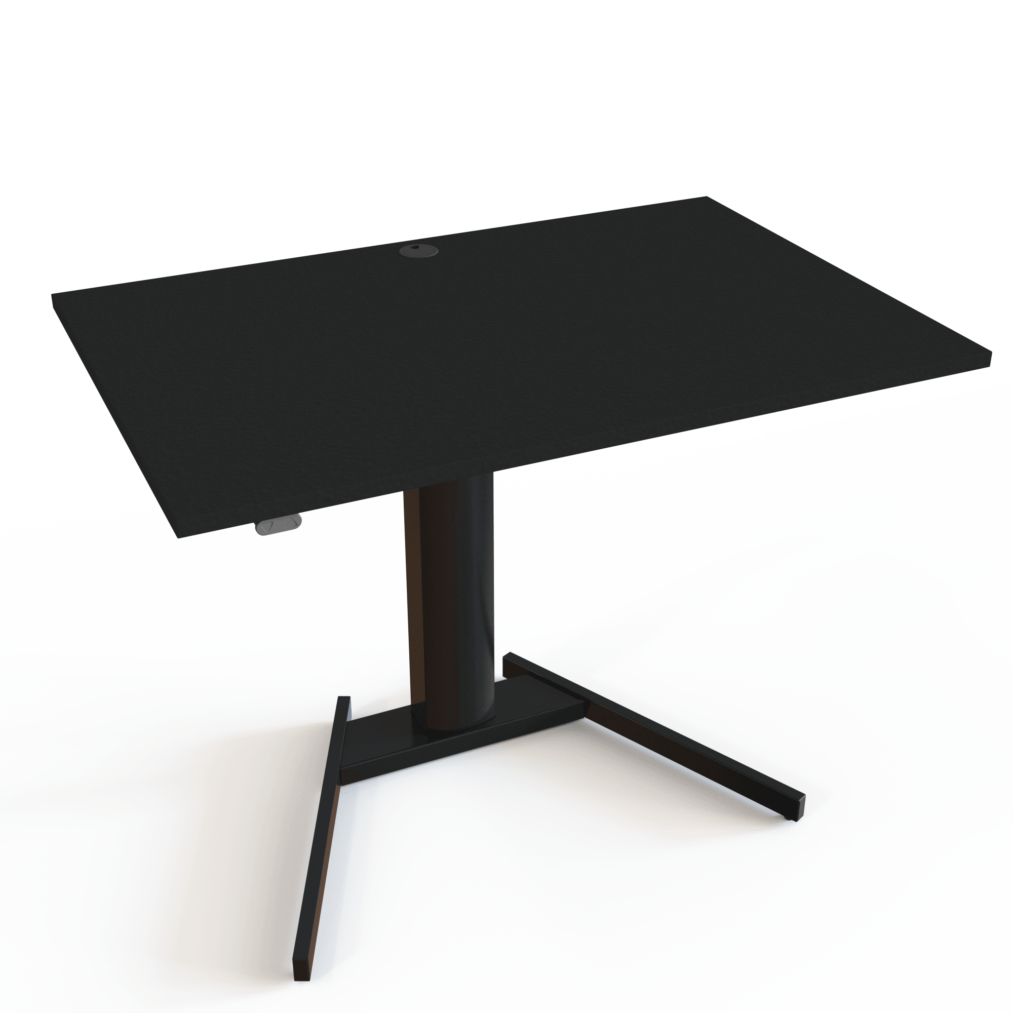 1-column height-adjustable desk with a black tabletop and black base. The size is 120x80. The height is 68-120cm and the table lifts 80kg.