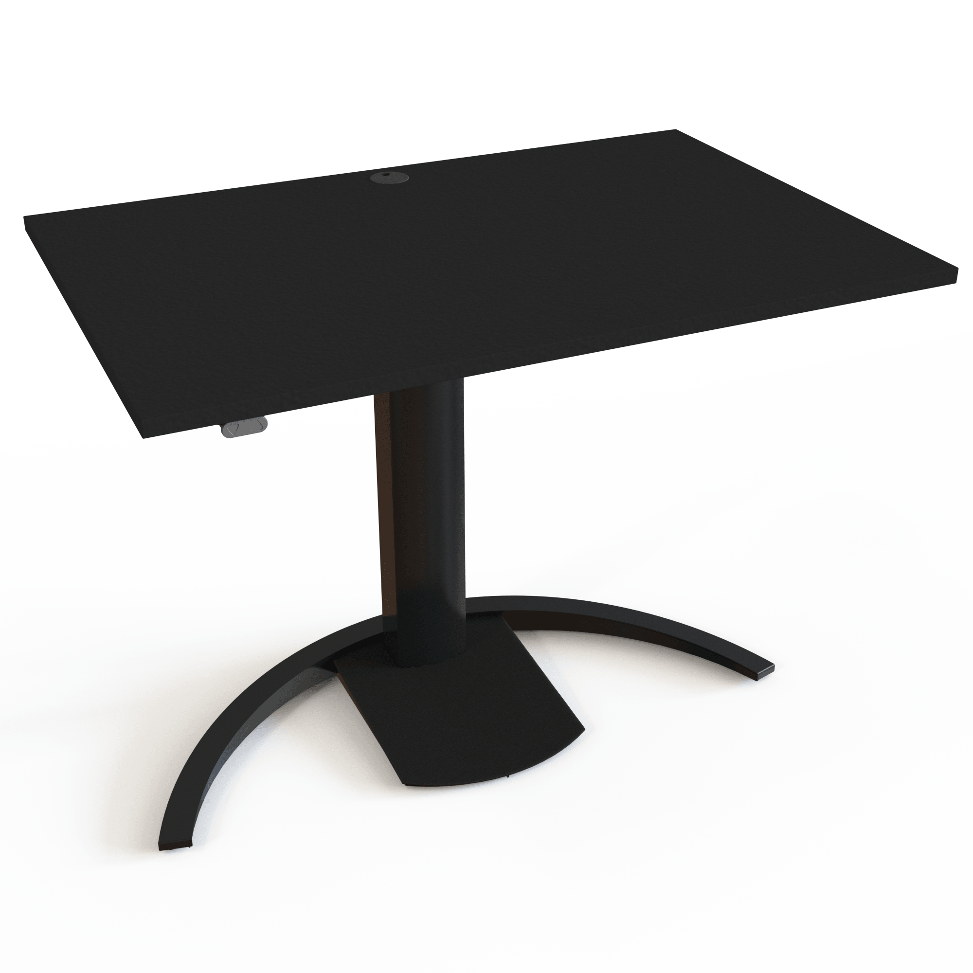 A single-column height-adjustable table with a black tabletop and black base. The size is 120x80. The height is 68-120cm and the table lifts 80kg.