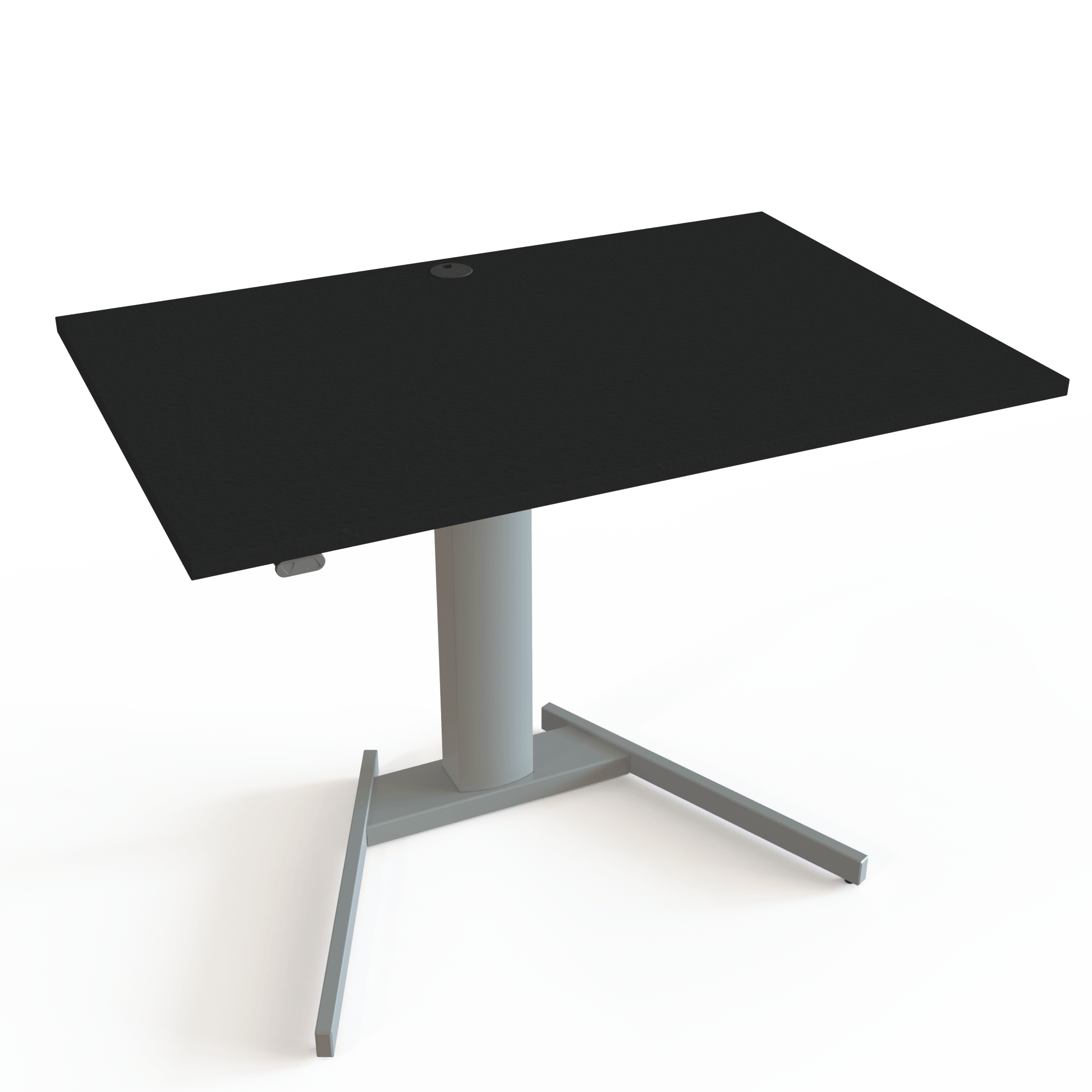 A small height-adjustable table with a black tabletop and silver base. The size is 120x80. The height is 68-120cm and the table lifts 80kg.