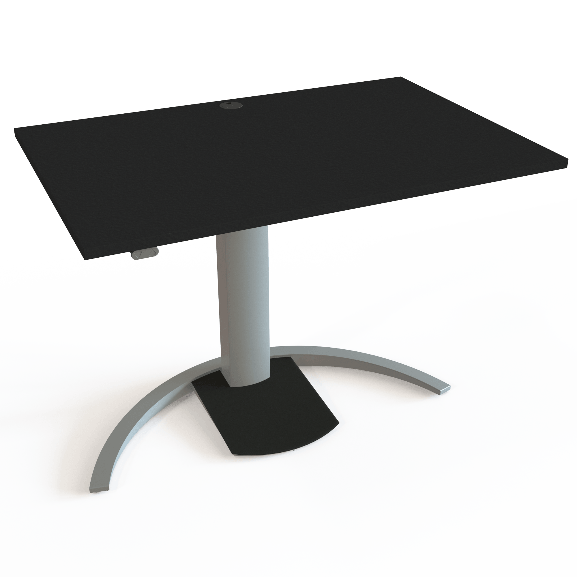 A small height-adjustable table with a black tabletop and silver base. The size is 120x80. The height is 68-120cm and the table lifts 80kg.