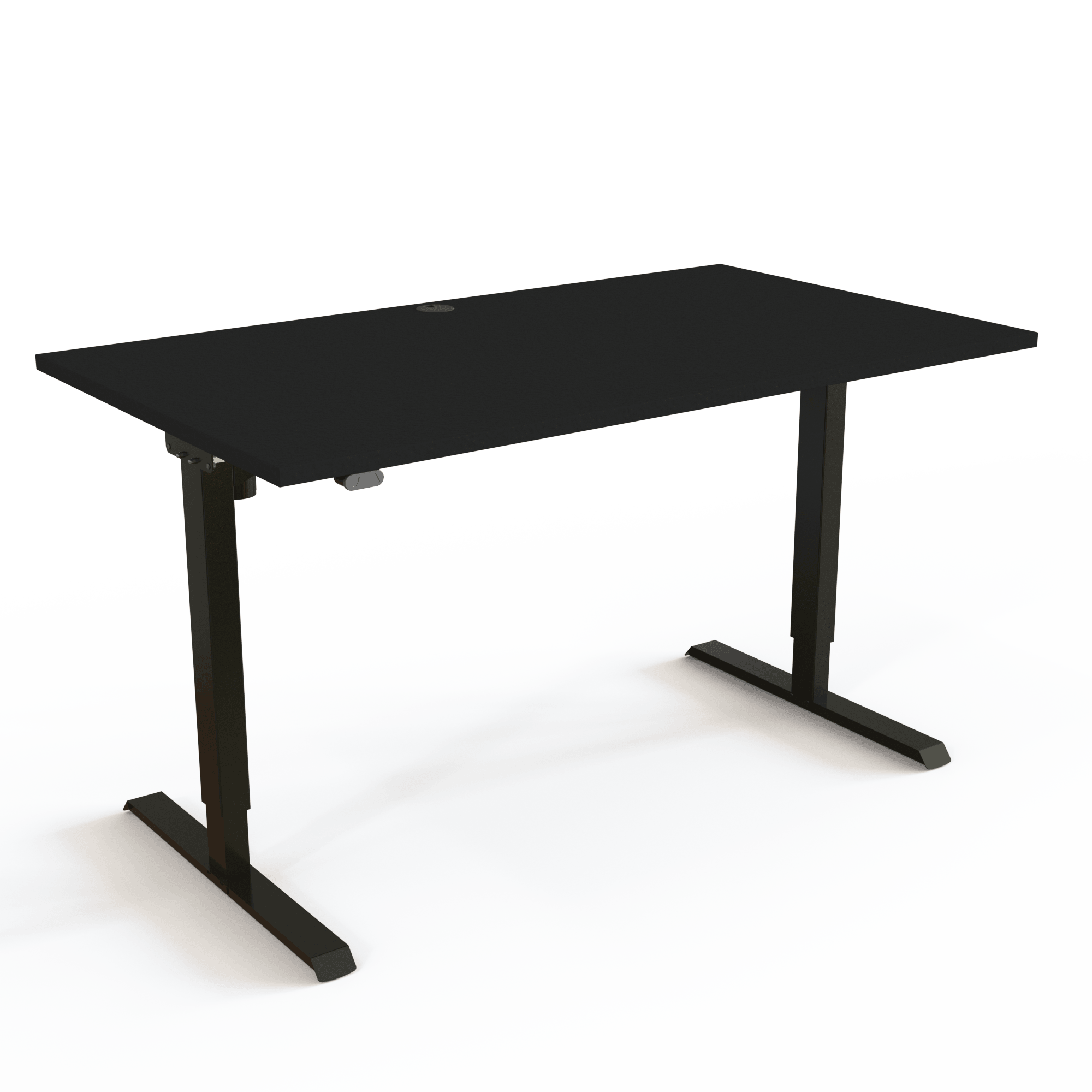 This adjustable table has a central foot, with a black tabletop and black base. The size is 140x80. The height is 68-119cm and the table lifts 60kg.