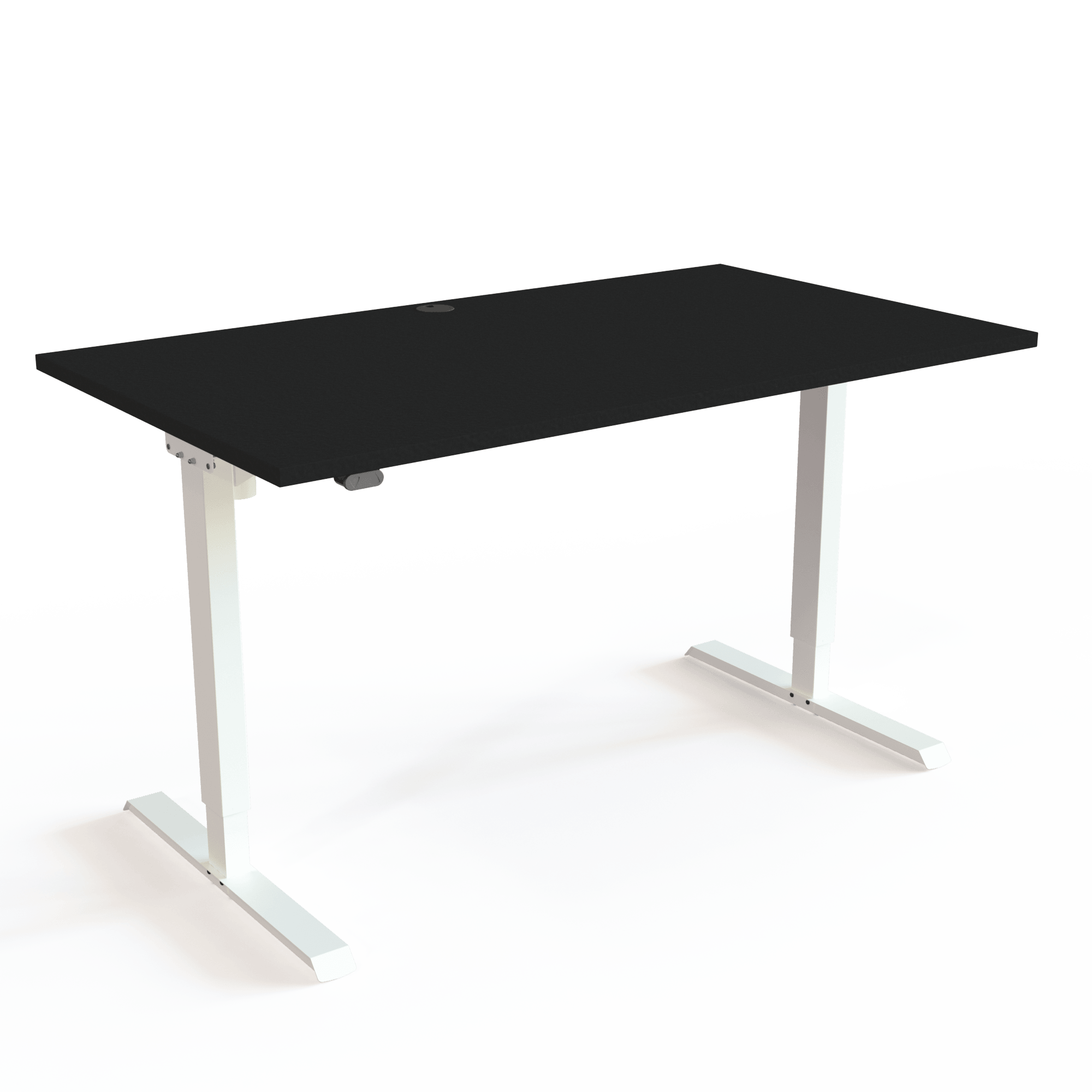 This adjustable table has a central foot, with a black tabletop and white base. The size is 140x80. The height is 68-119cm and the table lifts 60kg.