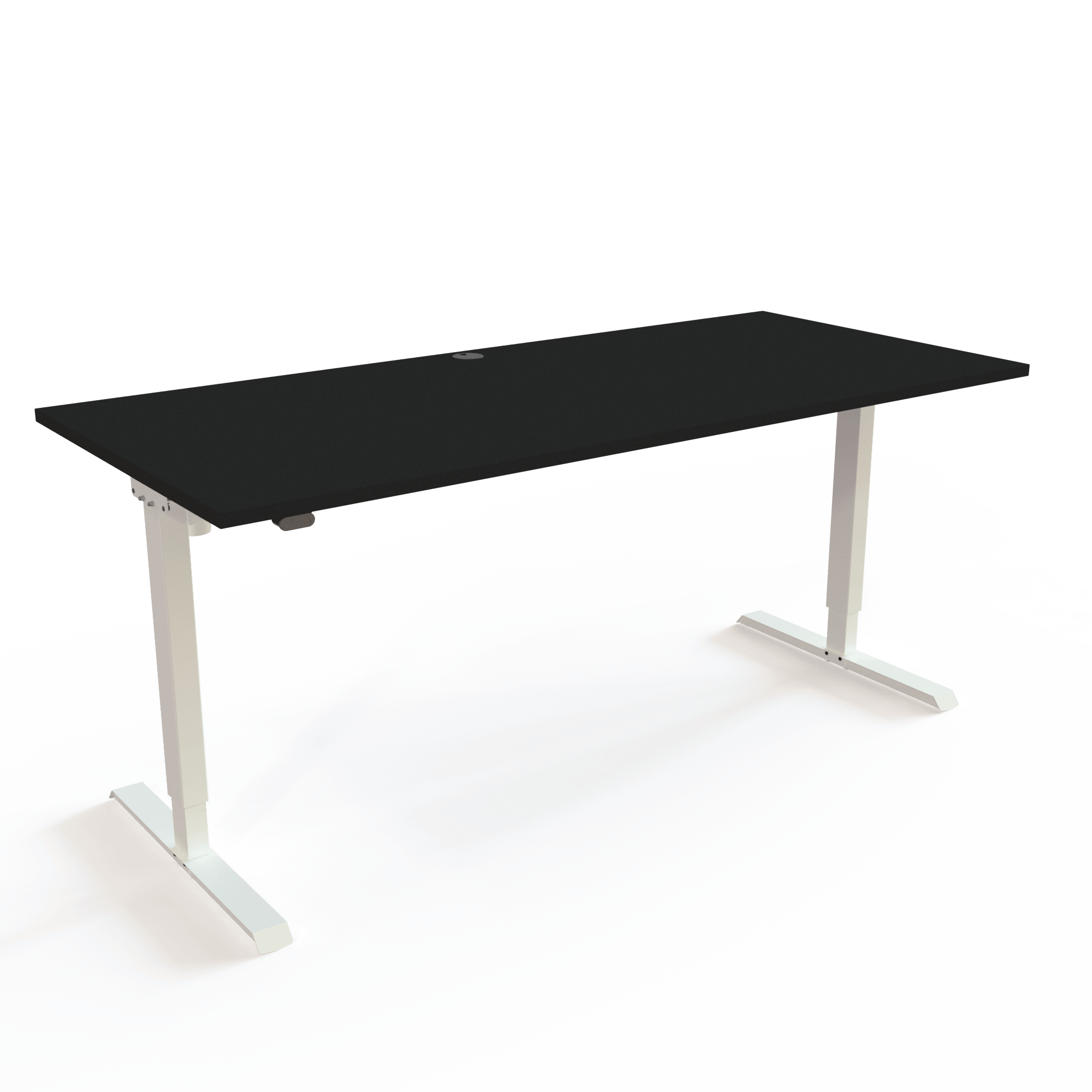 The height-adjustable desk is simply designed to minimize material consumption, with a black tabletop and white base. The size is 180x80. The height is 68-119cm and the table lifts 60kg.