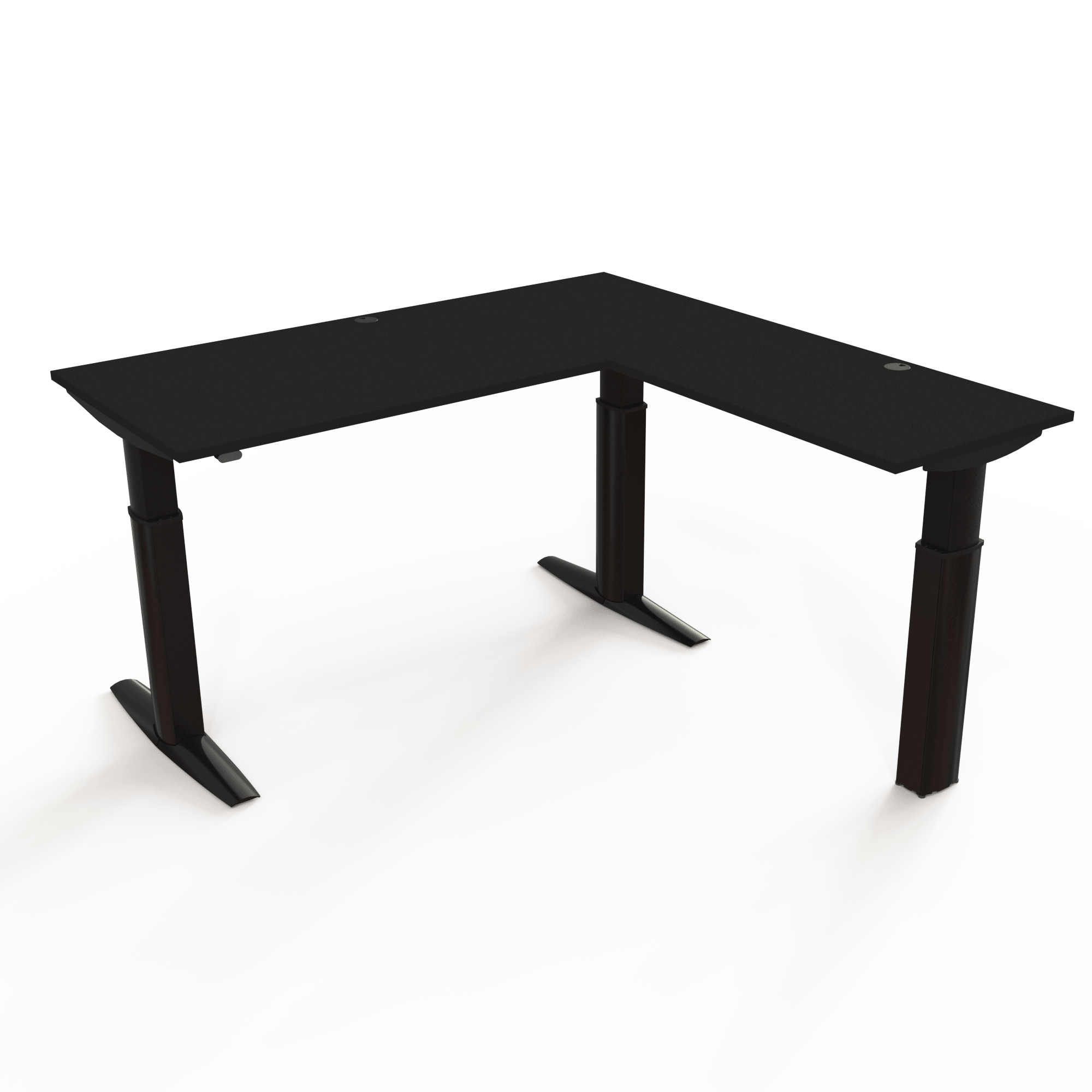 Corner desk with height adjustment, with a black tabletop and black base. The size is 180x180. The height is 68-120cm and the table lifts 175kg.