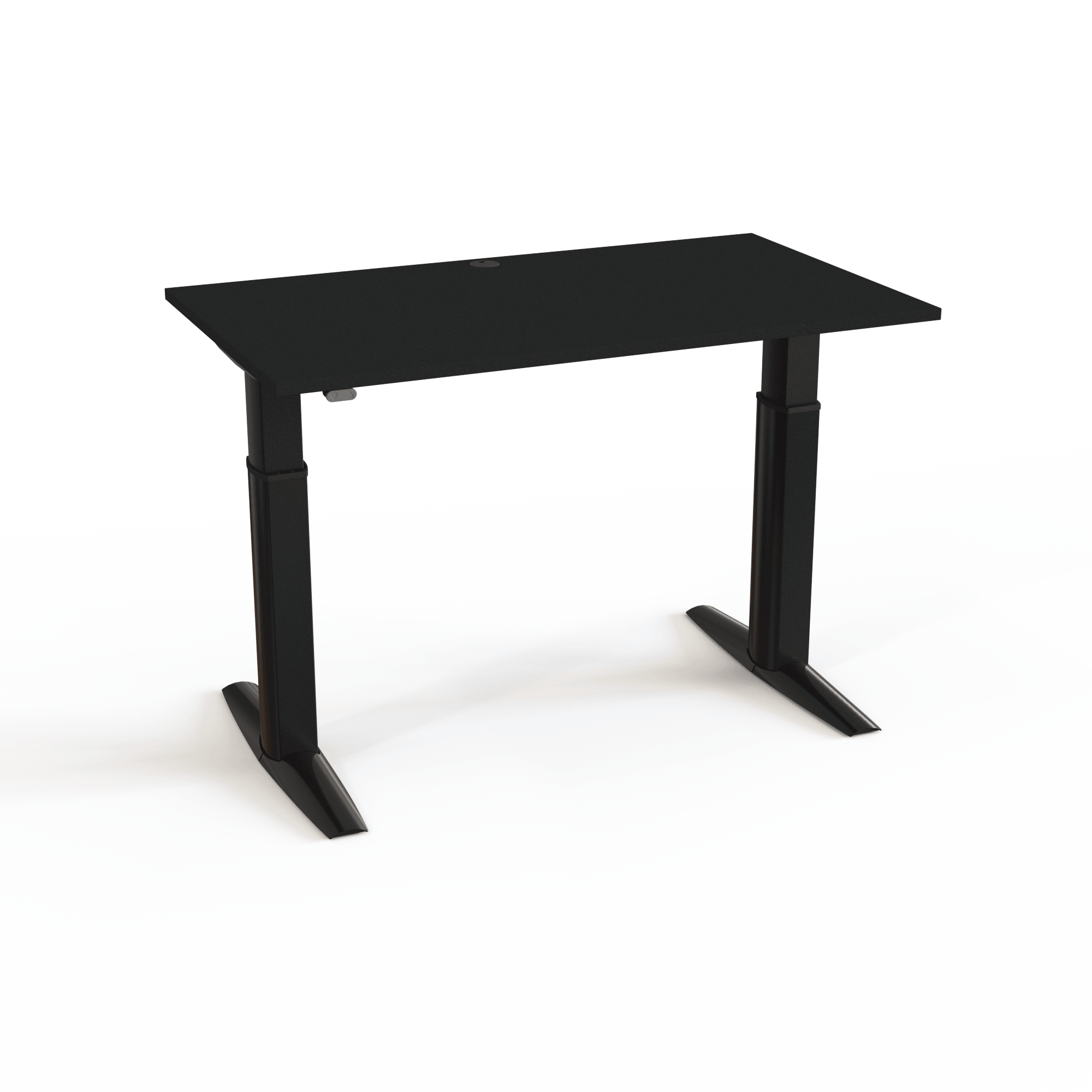A strong and stable desk with a black tabletop and black base. The size is 140x80. The height is 68-120cm and the table lifts 175kg.