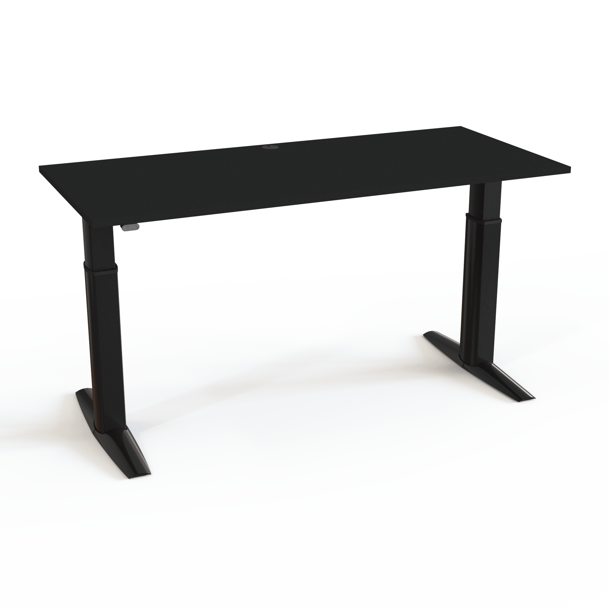 Office table with a cable hole in the tabletop, with a black tabletop and black base. The size is 180x80. The height is 68-120cm and the table lifts 175kg.