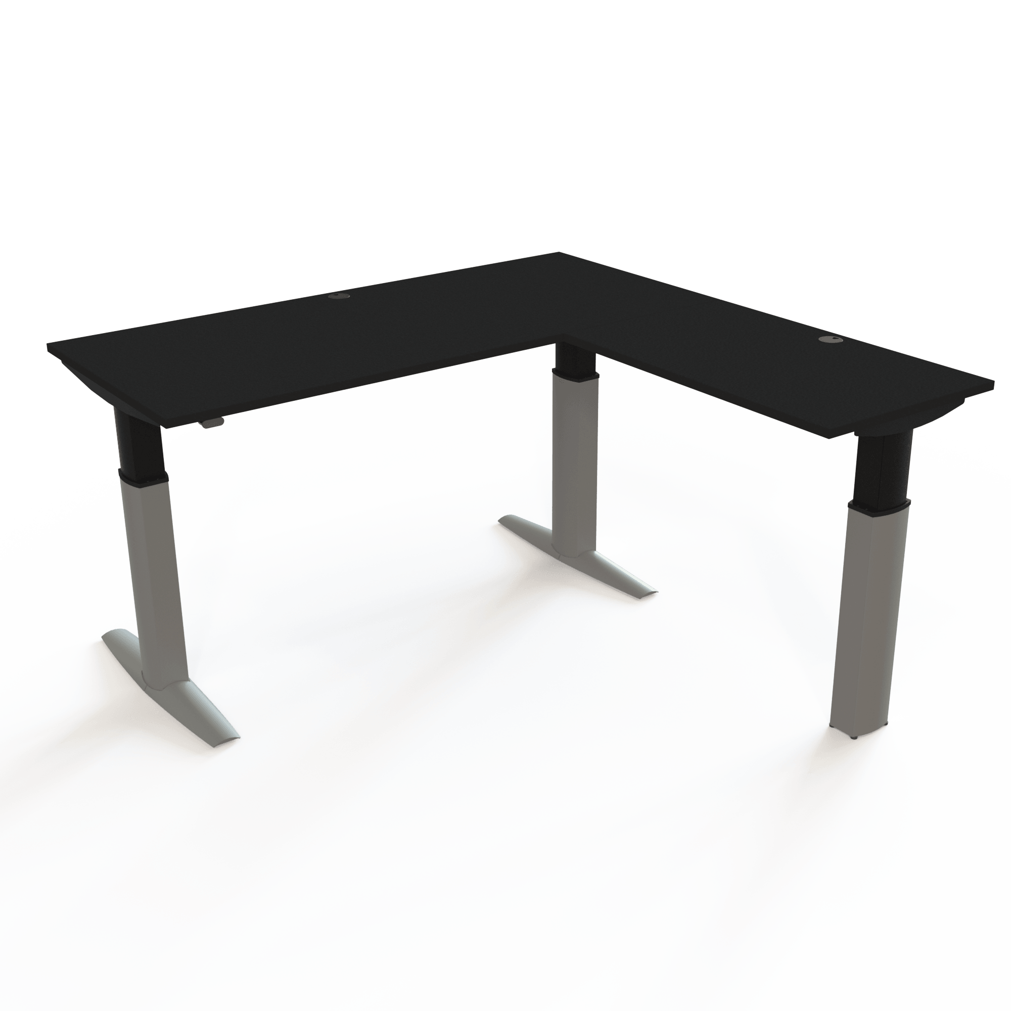 Large desk with a side table, with a black tabletop and silver base. The size is 180x180. The height is 68-120cm and the table lifts 175kg.