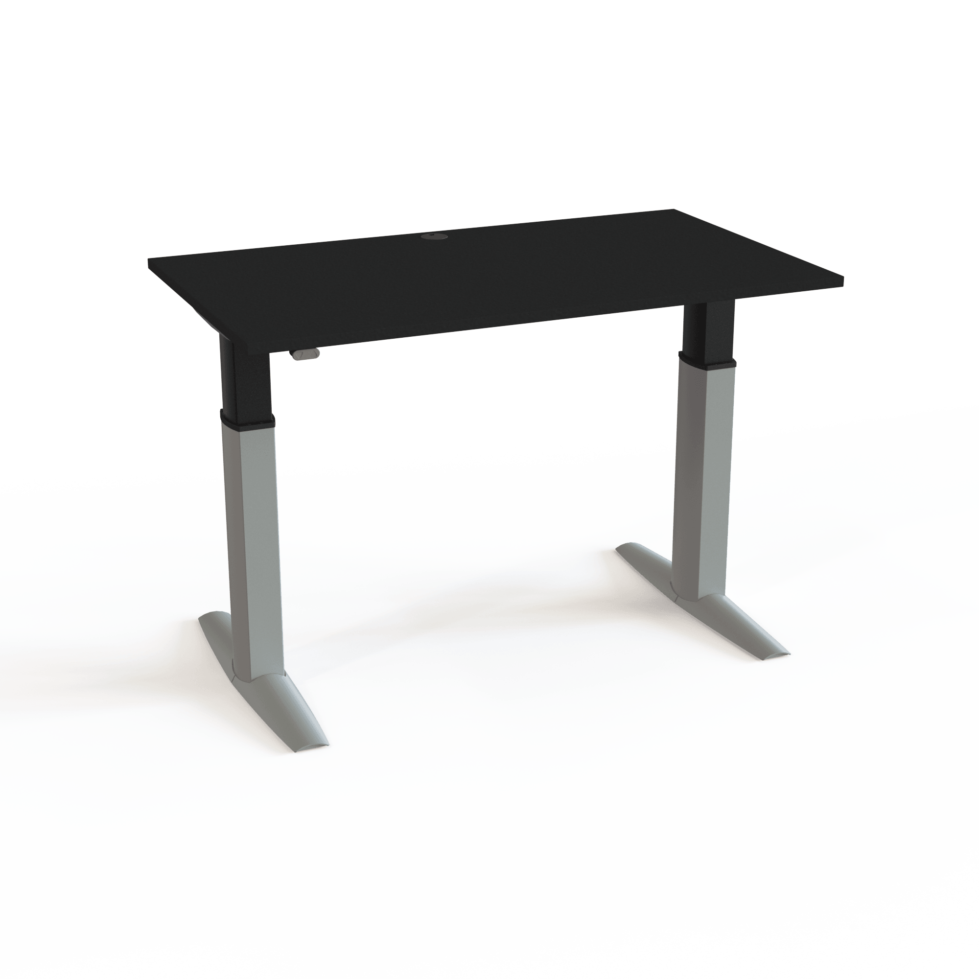 A strong and stable desk with a black tabletop and silver base. The size is 140x80. The height is 68-120cm and the table lifts 175kg.