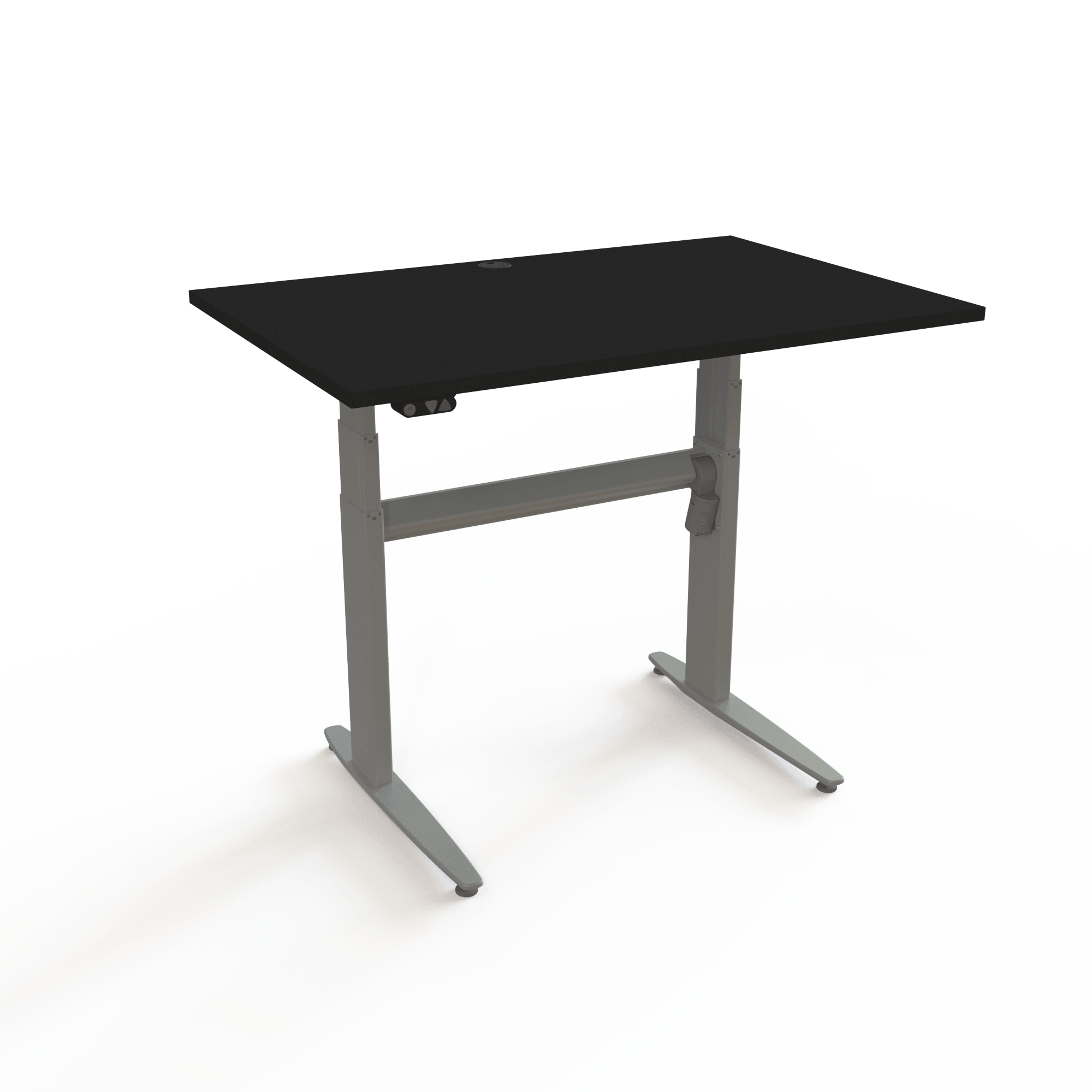 Sit-stand table with 2-button control, with a black tabletop and silver base. The size is 120x80. The height is 68-120cm and the table lifts 120kg.