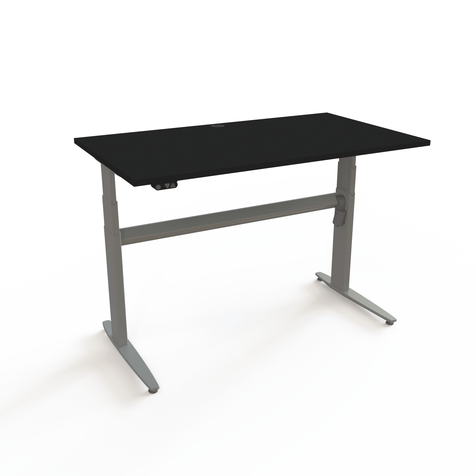 Traditional height-adjustable desk with a black tabletop and silver base. The size is 140x80. The height is 68-120cm and the table lifts 120kg.